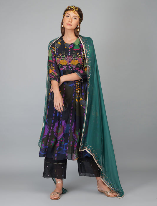 Multicolor Printed Kurta Pant Set by Devyani Mehrotra with Cotton, Embroidered, Festive Wear, Georgette, Kurta Pant Sets, Kurta Set with Dupattas, Multicolor, Natural, Pre Spring 2023, Prints, Regular Fit, Viscose, Womenswear at Kamakhyaa for sustainable fashion