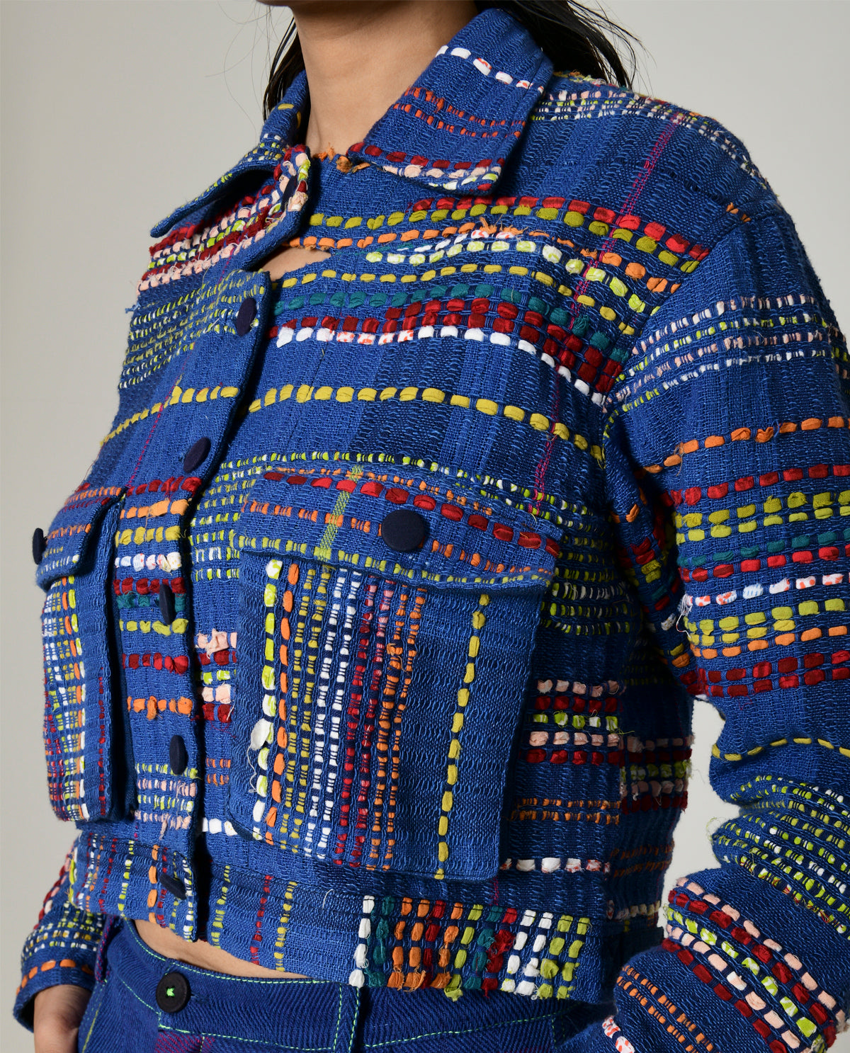 Recycled Blue Multi Colored Cropped Cotton Jacket by Rias Jaipur with 100% Cotton, Blue, Casual wear, Multicolor, Natural, Overlays, RE 2.O, RE 2.O by Rias Jaipur, Regular, Stripes, Unisex, Womenswear at Kamakhyaa for sustainable fashion