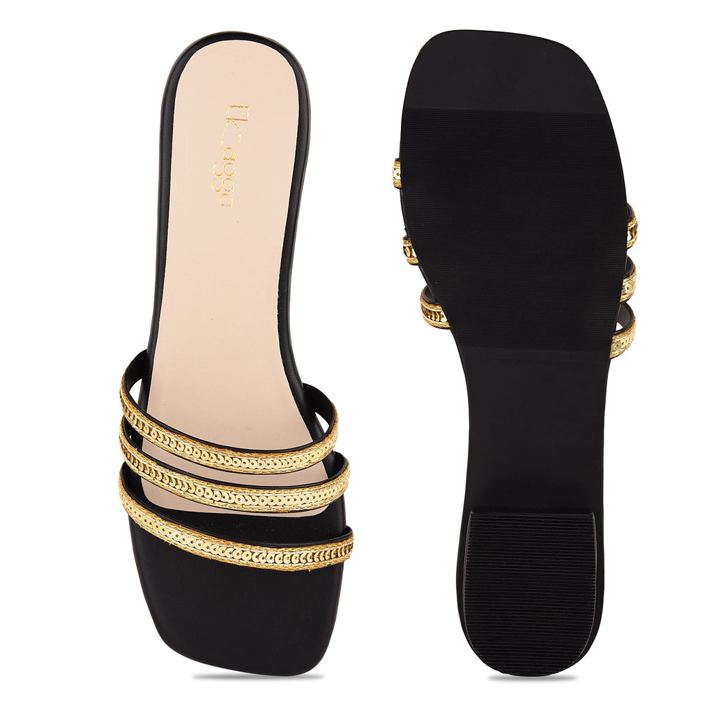 Black Embroidered Embellished Flats by EK_agga with Black, Embroidered, Flats, For Daughter, Less than $50, Party Wear, Patent leather, Square toe, Vegan at Kamakhyaa for sustainable fashion