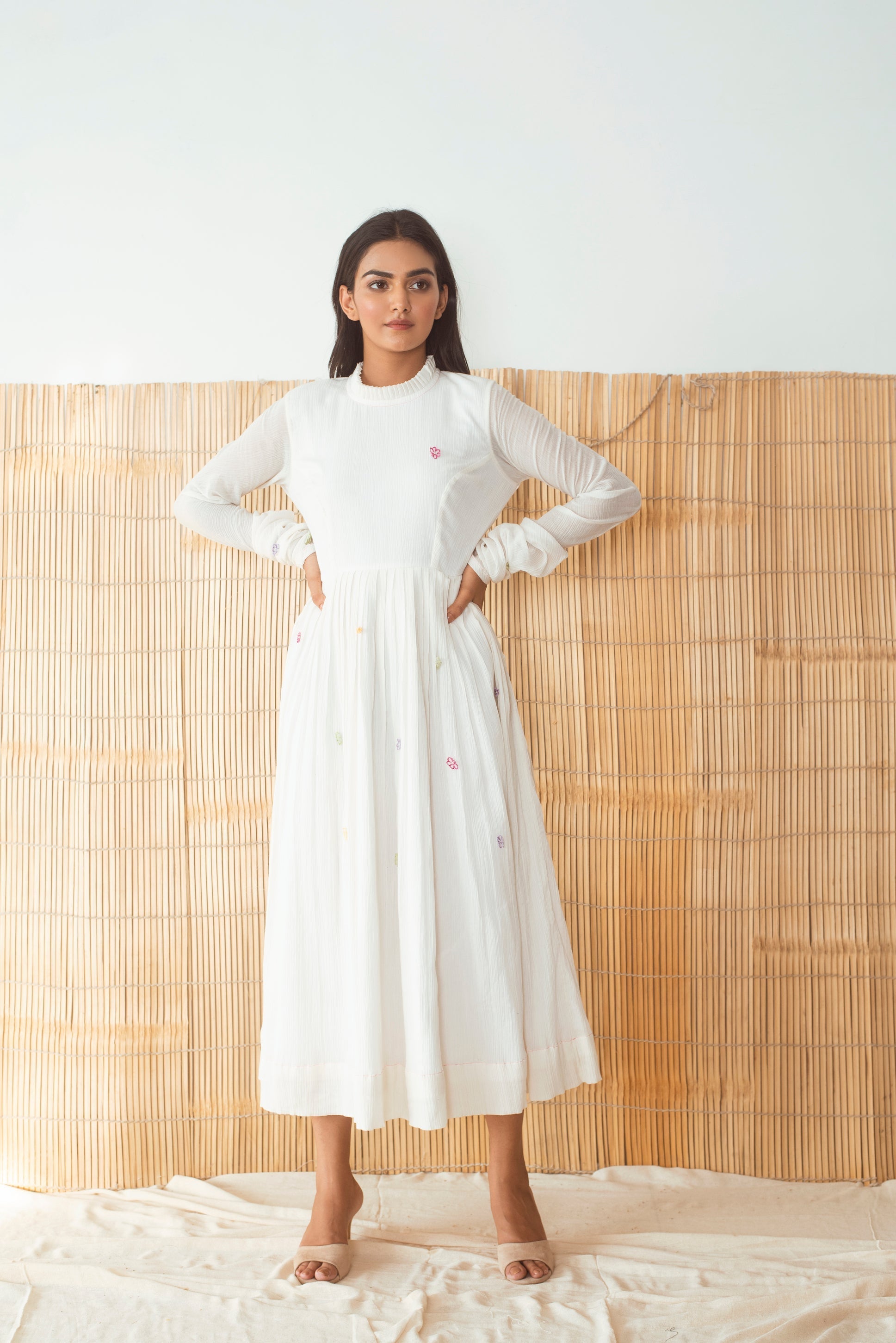 White Embroidered Full Sleeves Midi Dress Dresses capsule, Cotton Slub, Kurta Dresses, Natural, The Loom Art Kamakhyaa