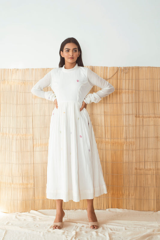 White Embroidered Full Sleeves Midi Dress by The Loom Art with Capsule by The Loom Art, Cotton Slub, July Sale, July Sale 2023, Midi Dresses, Natural, Party Wear, Regular Fit, Solids, White, Womenswear at Kamakhyaa for sustainable fashion