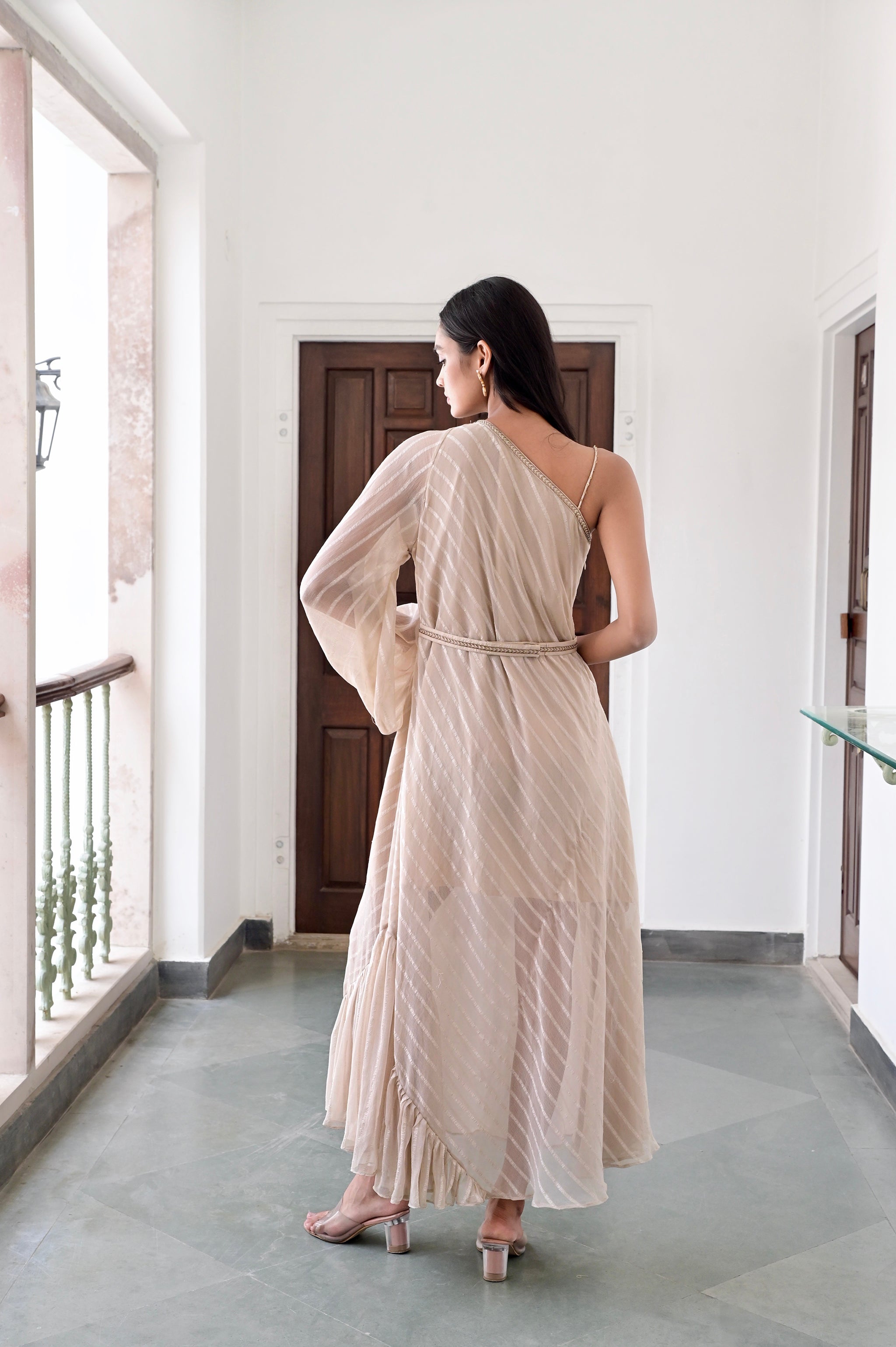 Beige One Shoulder Dress by Taro with Beige, Chaandi by Taro, Cotton, Cotton Lurex, Natural, One Shoulder Dresses, Regular Fit, Solids, Womenswear at Kamakhyaa for sustainable fashion