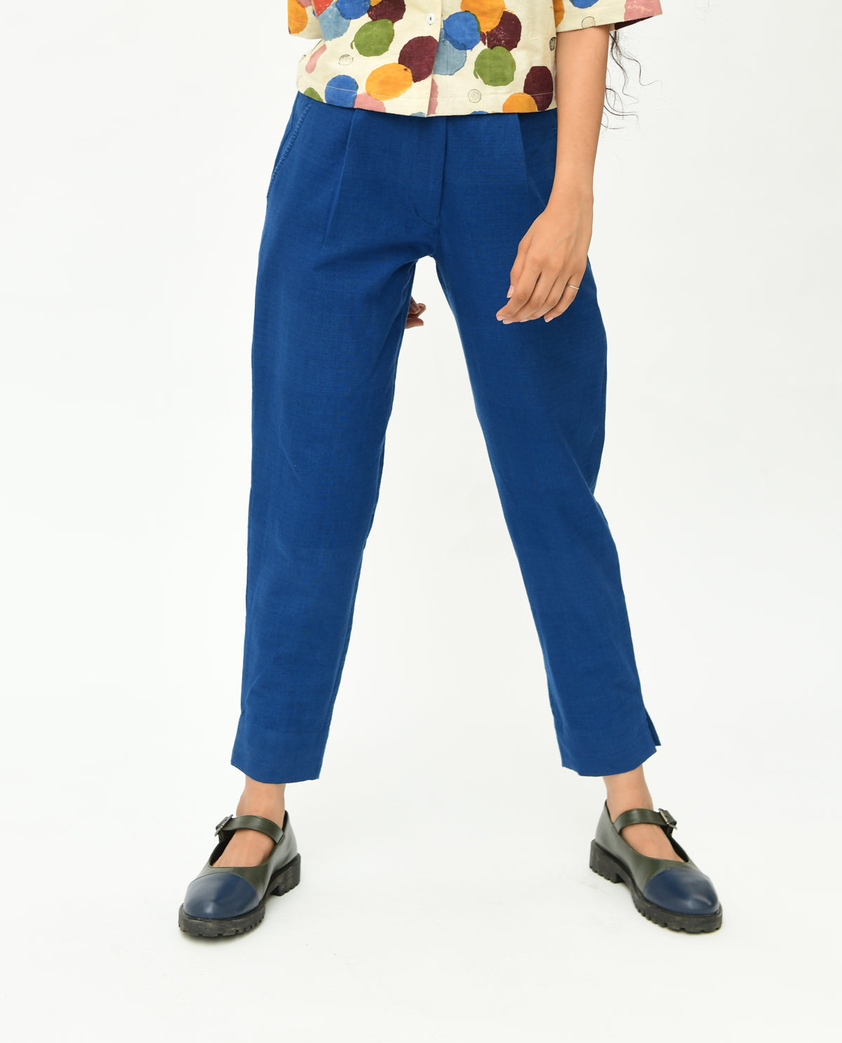 Indigo Blue Solid Pants at Kamakhyaa by Rias Jaipur. This item is 100% Organic Cotton, Blue, Casual Wear, Handspun, Handwoven, Pants, Relaxed Fit, Solids, Void, Womenswear