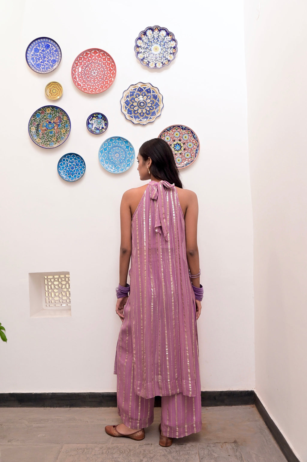 Pink Sleeveless Halter Co-ord Set by Taro with Chaandi by Taro, Co-ord Sets, Cotton, Cotton Lurex, Halter Neck Dresses, Natural, Partywear Co-ords, Pink, Regular Fit, Sleeveless, Solids, Womenswear at Kamakhyaa for sustainable fashion