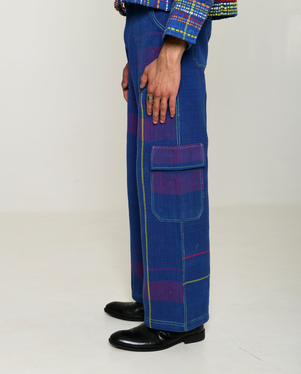 Recycled Blue Multi Colored Cargo Pants by Rias Jaipur with 100% Cotton, Blue, Bottoms, Casual wear, Multicolor, Natural, Pants, RE 2.O, RE 2.O by Rias Jaipur, Regular, Stripes, Unisex, Womenswear at Kamakhyaa for sustainable fashion