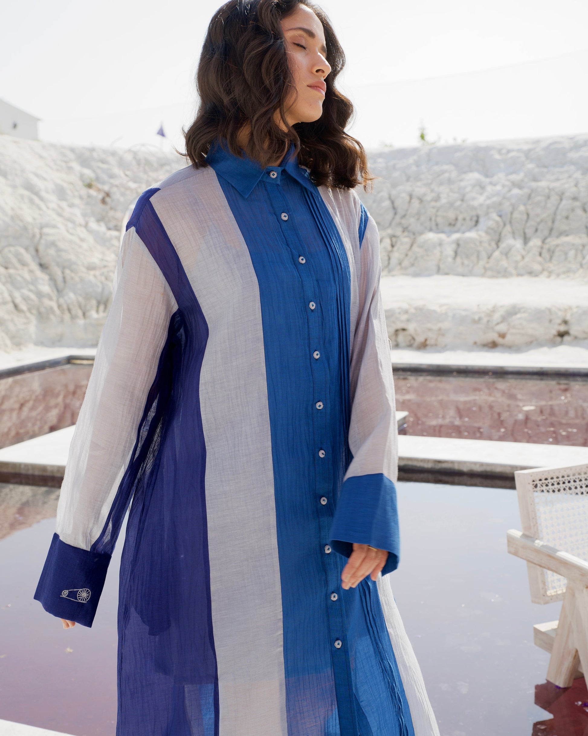 Blue Silk Shirt Dress by The Loom Art with Aurora by The Loom Art, Blue, Casual Wear, Chanderi Silk, July Sale, July Sale 2023, Loose Fit, Ombre & Dyes, Organic, Shirt Dresses, Womenswear at Kamakhyaa for sustainable fashion