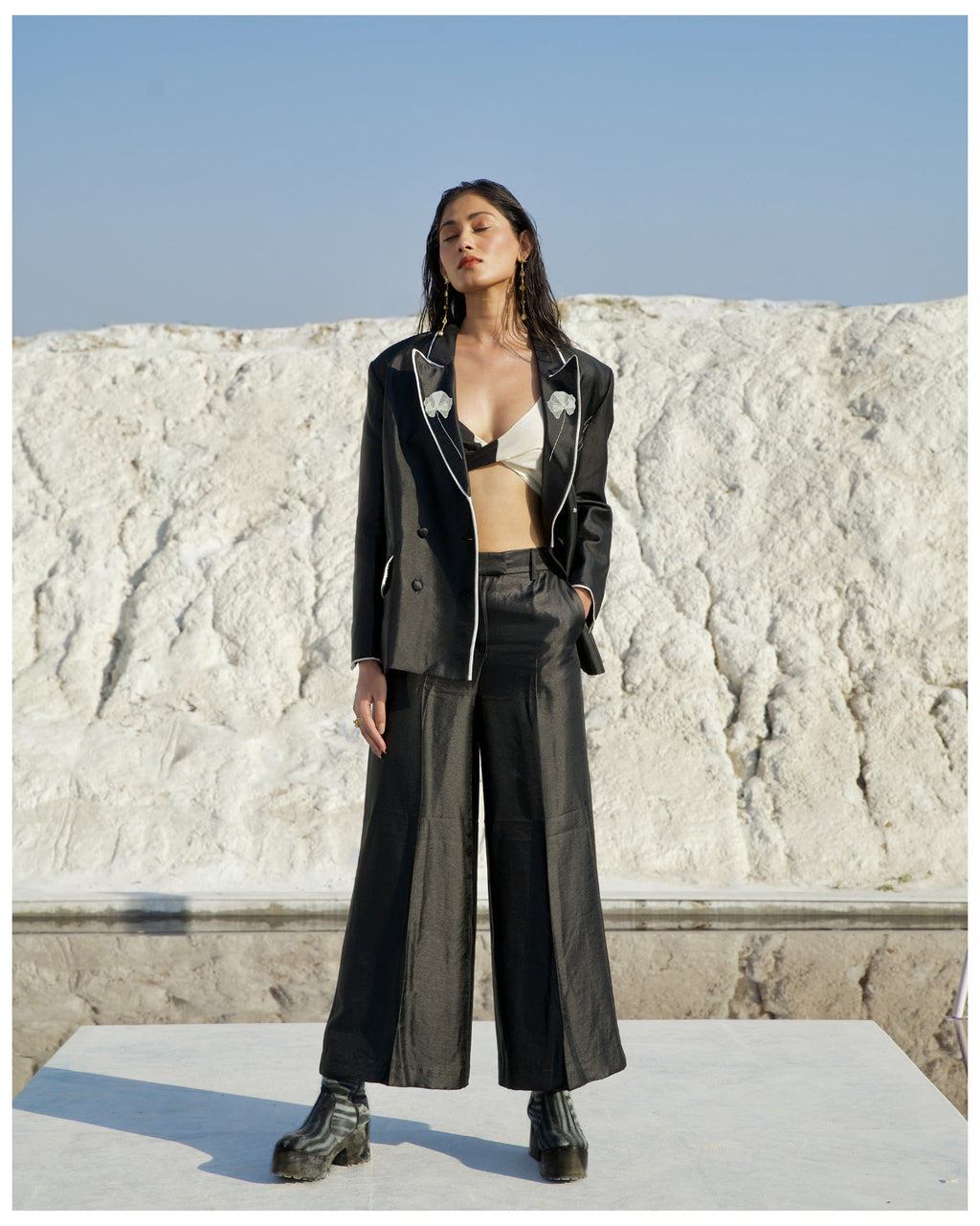 Black Silk Co-ord Set by The Loom Art with Aurora by The Loom Art, Black, Casual Wear, Chanderi Silk, Co-ord Sets, July Sale, July Sale 2023, Office, Office Wear Co-ords, Ombre & Dyes, Organic, Regular Fit, Solids, Womenswear at Kamakhyaa for sustainable fashion