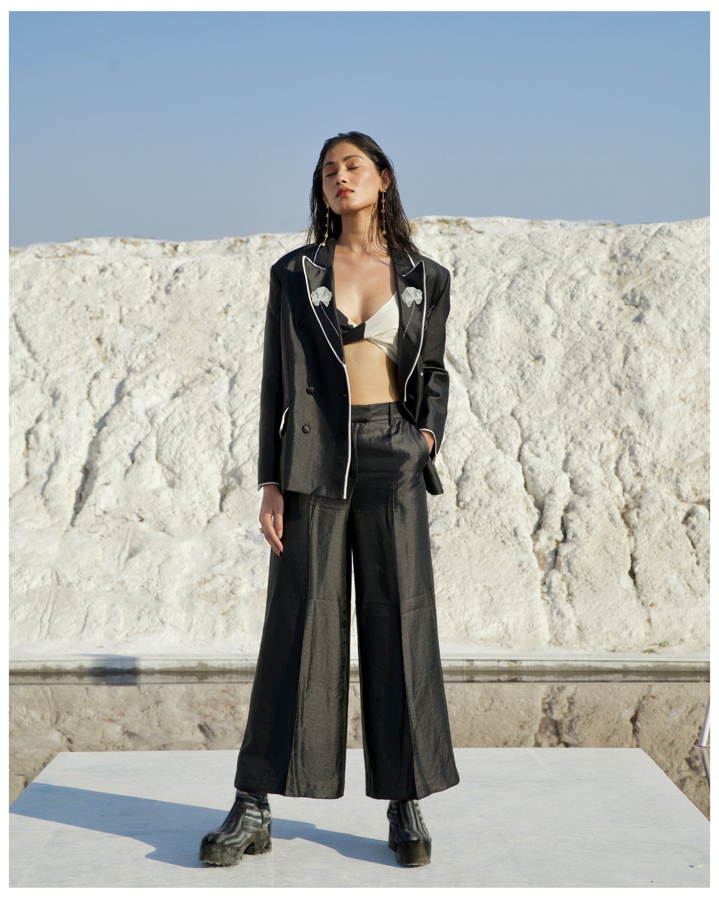 Black Silk Co-ord Set by The Loom Art with Aurora by The Loom Art, Black, Casual Wear, Chanderi Silk, Co-ord Sets, July Sale, July Sale 2023, Office, Office Wear Co-ords, Ombre & Dyes, Organic, Regular Fit, Solids, Womenswear at Kamakhyaa for sustainable fashion