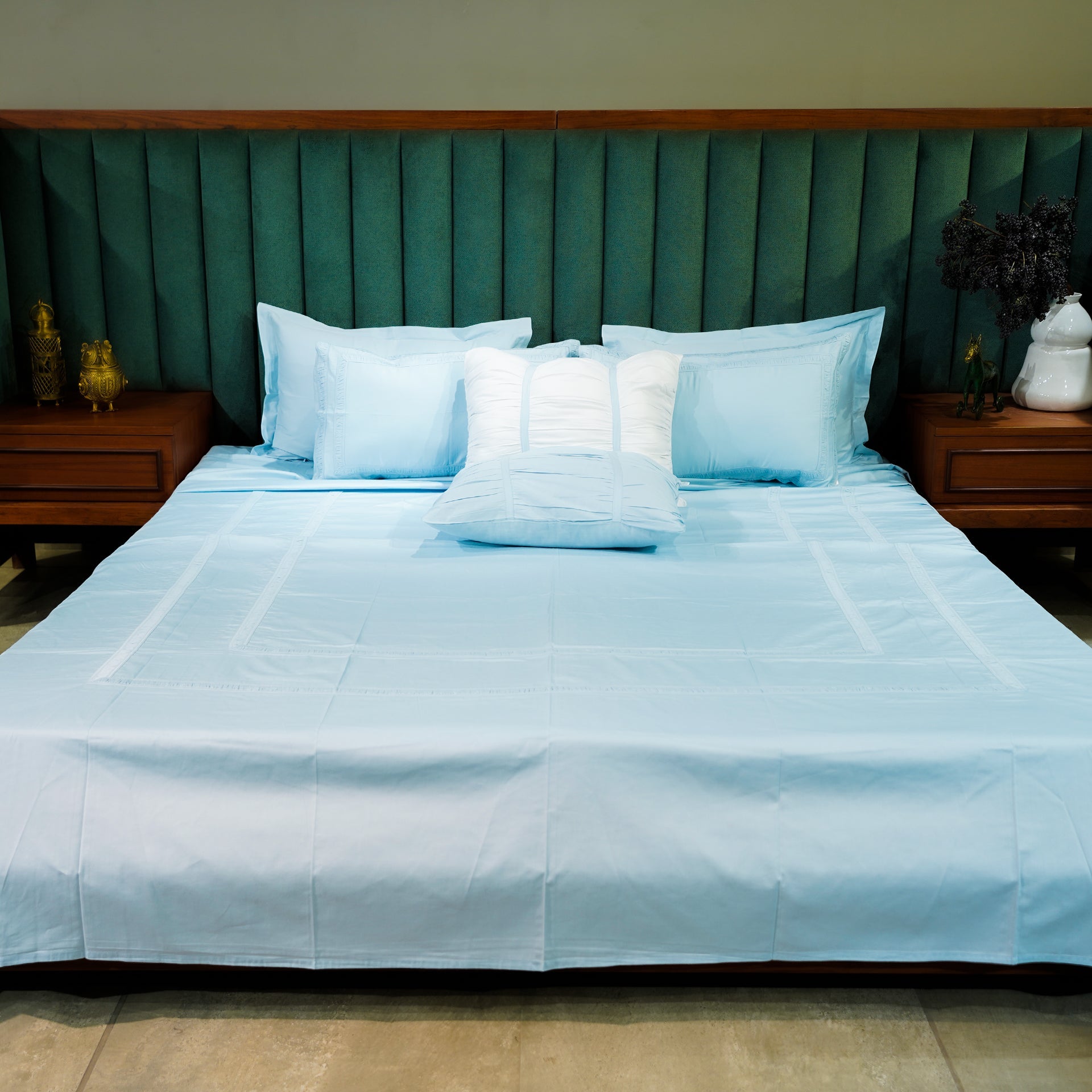 Azure Whisper Opulent Edge by Aetherea with Designer Bedsheets at Kamakhyaa for sustainable fashion