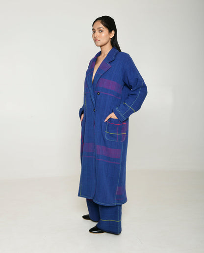 Handwoven Blue Striped Cotton Trench Coat by Rias Jaipur with 100% Cotton, Blue, Casual wear, Multicolor, Natural, Overlays, RE 2.O, RE 2.O by Rias Jaipur, Regular, Stripes, Unisex, Womenswear at Kamakhyaa for sustainable fashion