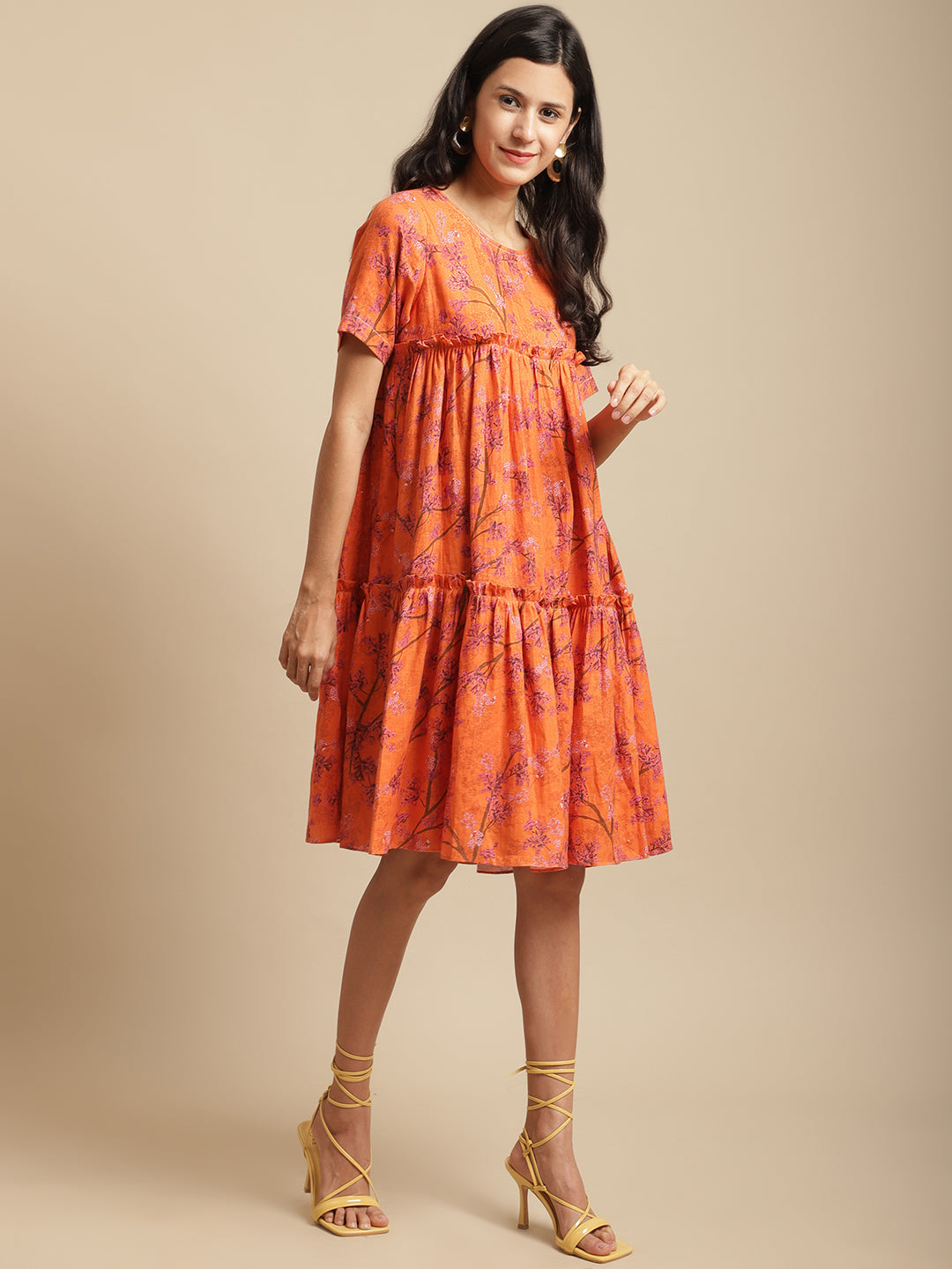 Certified Hemp Orange A Line Dress by Ewoke with Casual Wear, Festive 23, For Her, Hemp, Mini Dresses, Natural with azo free dyes, Orange, Prints, Relaxed Fit, Tiered Dresses, Womenswear at Kamakhyaa for sustainable fashion