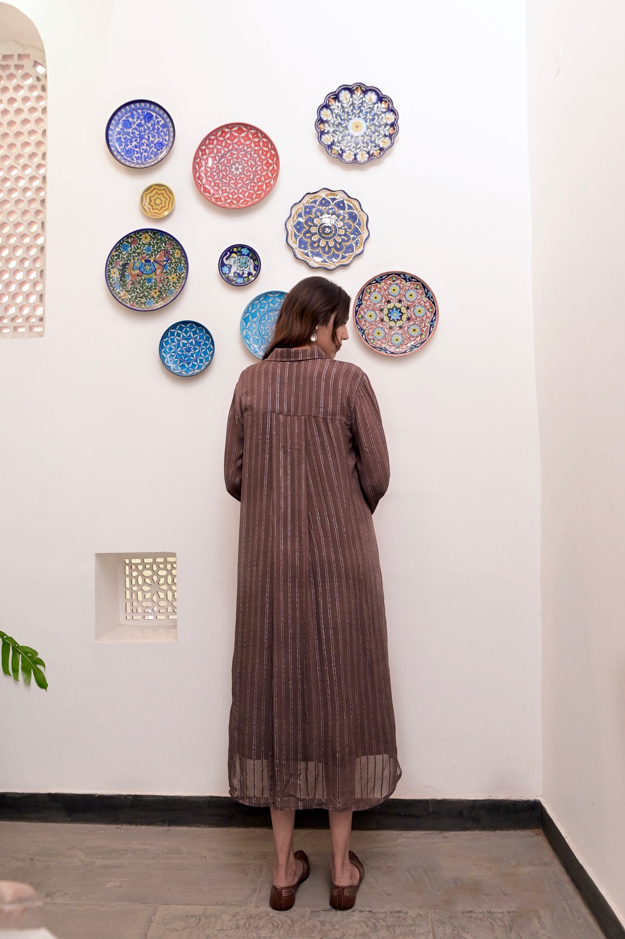 Brown Cotton Crepe Shirt Dress by Taro with Brown, Chaandi by Taro, Cotton, Cotton Lurex, Crepe, Natural, Regular Fit, Shirt Dresses, Silver, Solids, Womenswear at Kamakhyaa for sustainable fashion