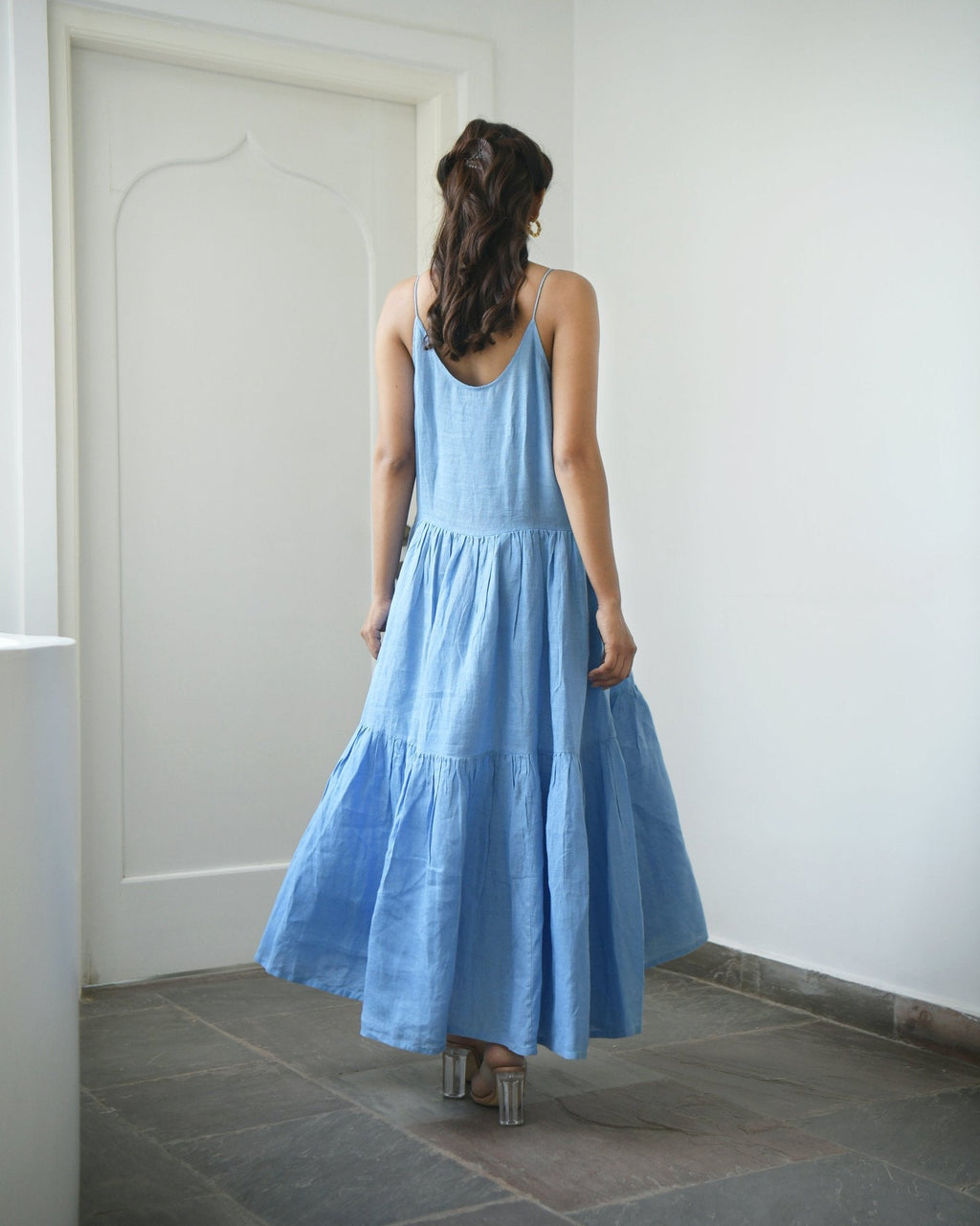 Blue Maxi Dress by Taro with Blue, Evening Wear, Handwoven Linen, Indo-Western, July Sale, July Sale 2023, Maxi Dresses, Natural, Regular Fit, Solids, Wildflower by Taro, Womenswear at Kamakhyaa for sustainable fashion