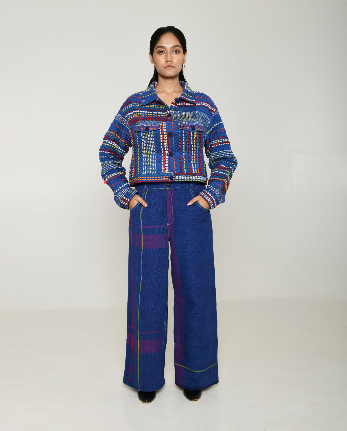 Recycled Blue Multi Colored Cotton Jacket by Rias Jaipur with 100% Cotton, Blue, Casual wear, Multicolor, Natural, Overlays, RE 2.O, RE 2.O by Rias Jaipur, Regular, Stripes, Unisex, Womenswear at Kamakhyaa for sustainable fashion