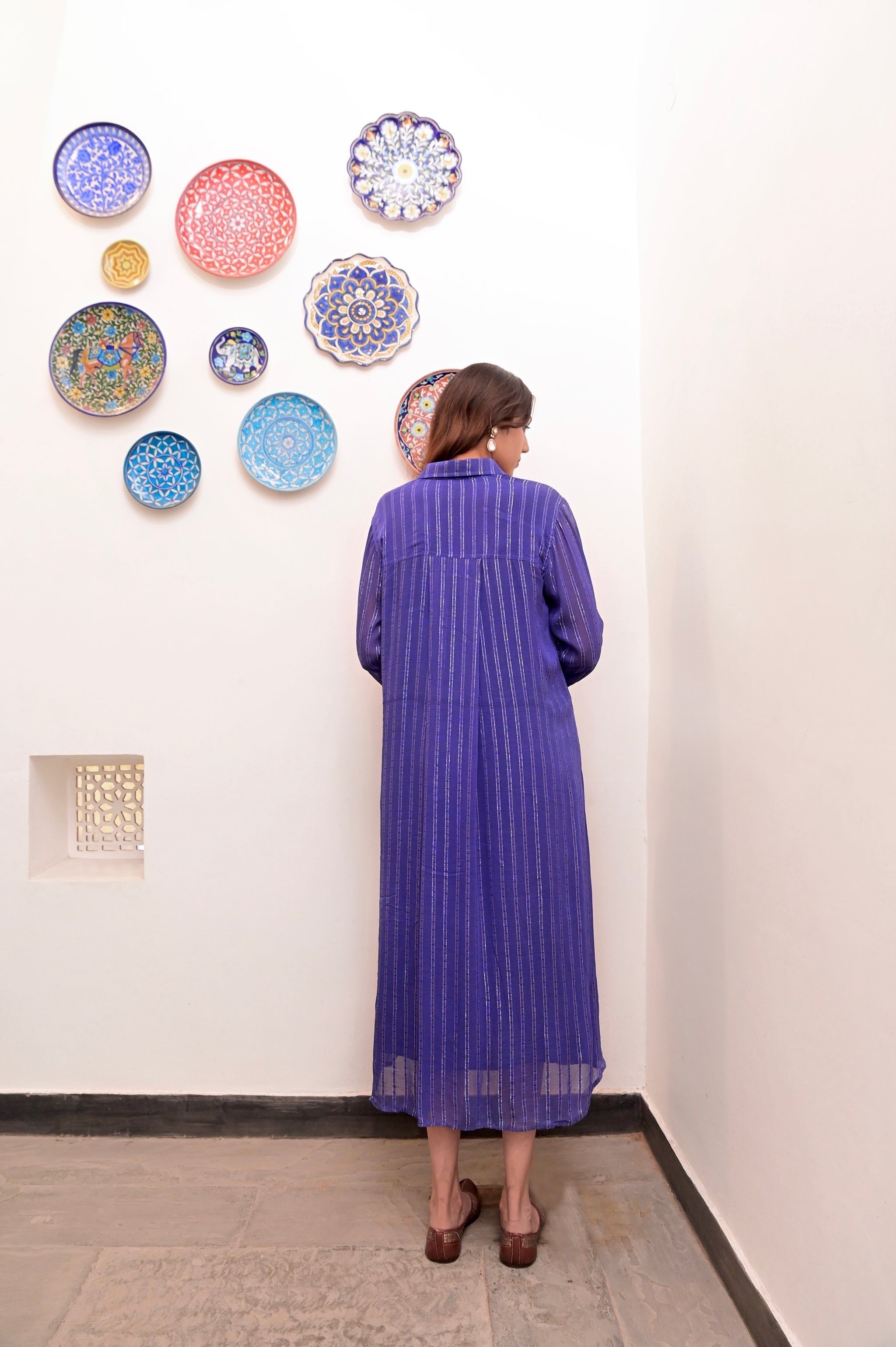 Blue Cotton Crepe Shirt Dress by Taro with Blue, Chaandi by Taro, Cotton, Cotton Lurex, Crepe, Halter Neck Tops, Natural, Regular Fit, Shirt Dresses, Silver, Solids, Womenswear at Kamakhyaa for sustainable fashion