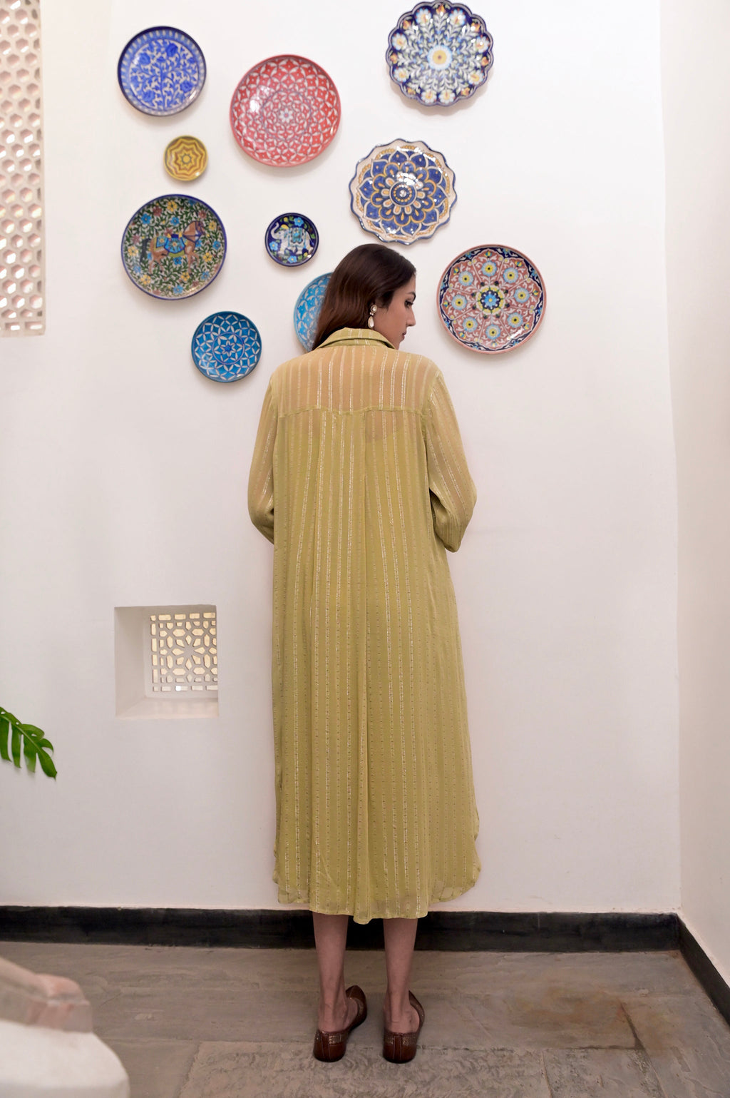 Yellow Cotton Crepe Shirt Dress by Taro with Chaandi by Taro, Cotton, Cotton Lurex, Natural, Regular Fit, Shirt Dresses, Silver, Solids, Womenswear, Yellow at Kamakhyaa for sustainable fashion