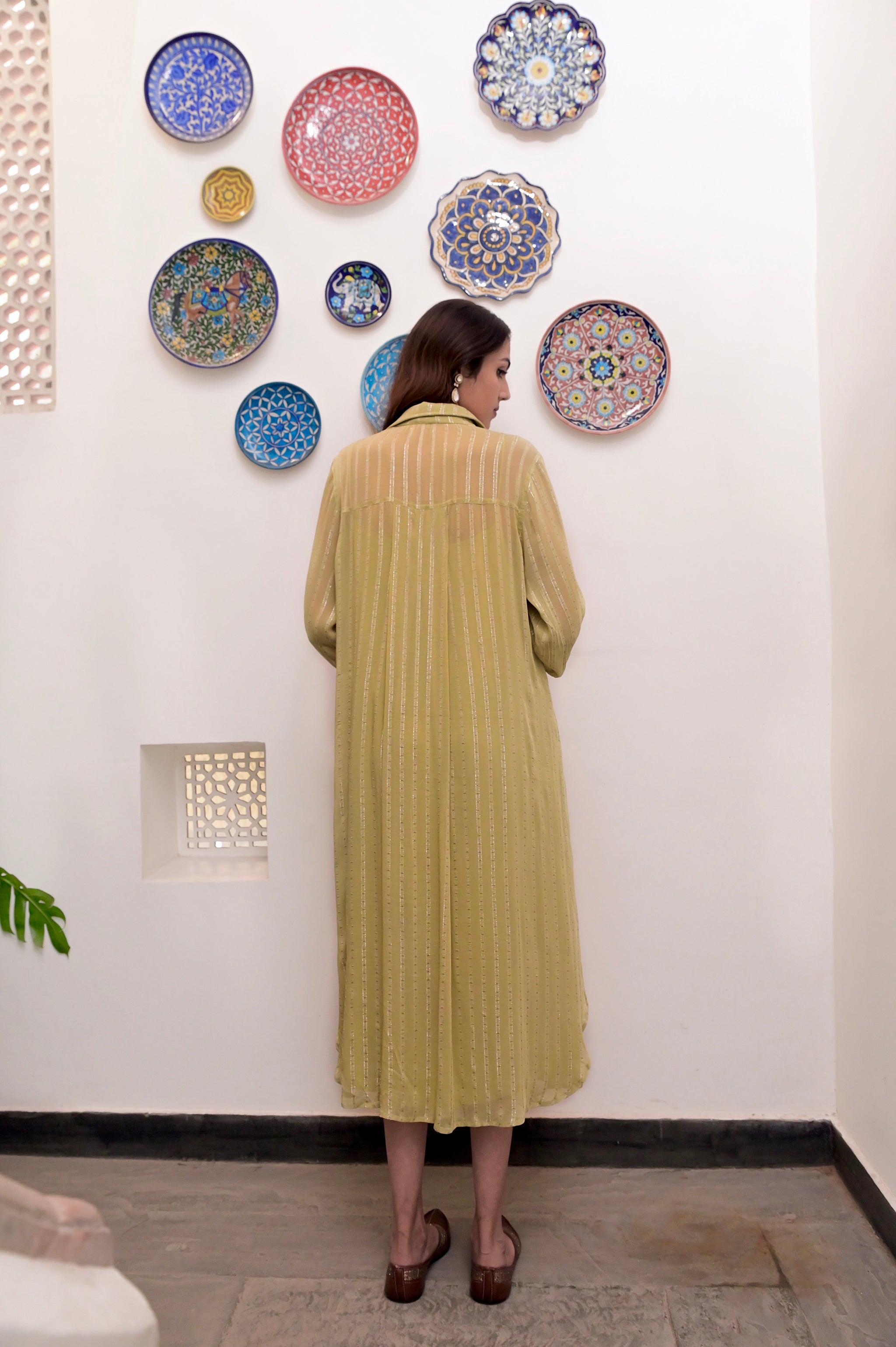 Yellow Cotton Crepe Shirt Dress by Taro with Chaandi by Taro, Cotton, Cotton Lurex, Natural, Regular Fit, Shirt Dresses, Silver, Solids, Womenswear, Yellow at Kamakhyaa for sustainable fashion