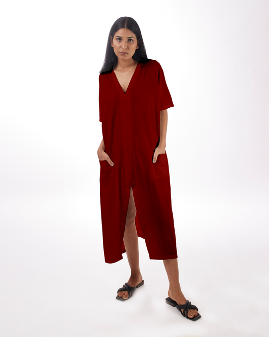 Red Kaftan Dress With Front Pockets by Kamakhyaa with 100% pure cotton, Casual Wear, FB ADS JUNE, Fitted At Waist, Kaftaans, KKYSS, Loose Fit, Naturally Made, Red, Solids, Summer Sutra, Womenswear at Kamakhyaa for sustainable fashion