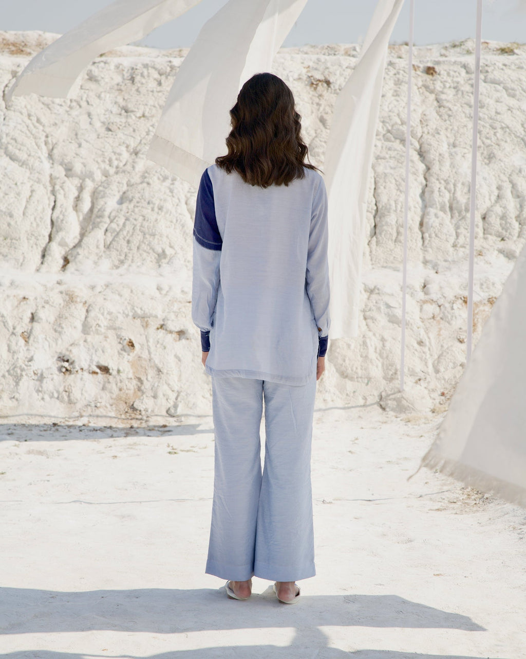 Blue Silk Co-ord Set by The Loom Art with Aurora by The Loom Art, Blue, Casual Wear, Chanderi Silk, Co-ord Sets, July Sale, July Sale 2023, Ombre & Dyes, Organic, Patchwork, Regular Fit, Travel, Travel Co-ords, Womenswear at Kamakhyaa for sustainable fashion