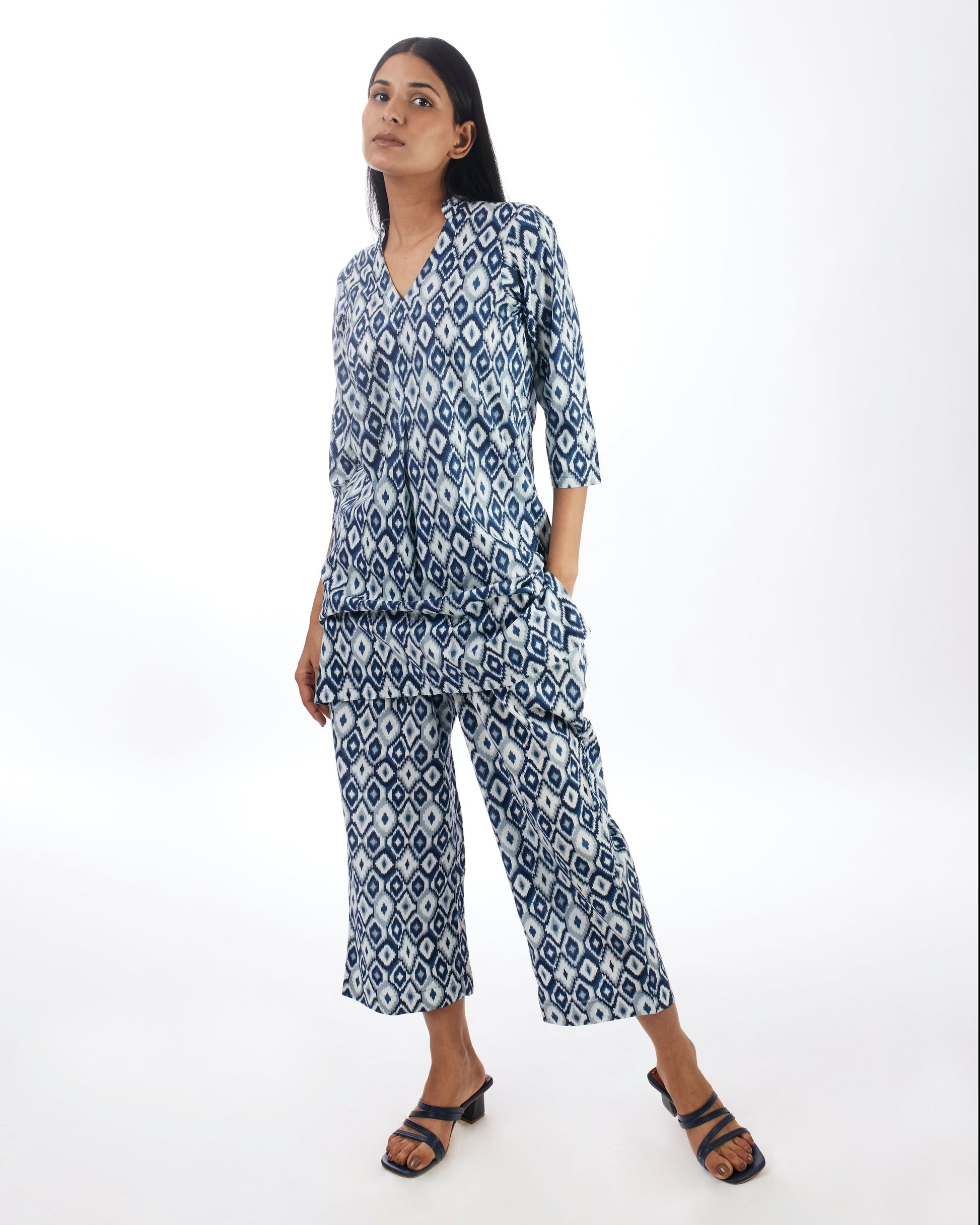 Blue Printed Top With White Pant Co-ord Set by Kamakhyaa with 100% pure cotton, Blue, Casual Wear, Co-ord Sets, FB ADS JUNE, Fitted At Waist, KKYSS, Naturally Made, Printed, Relaxed Fit, Summer Sutra, Womenswear at Kamakhyaa for sustainable fashion
