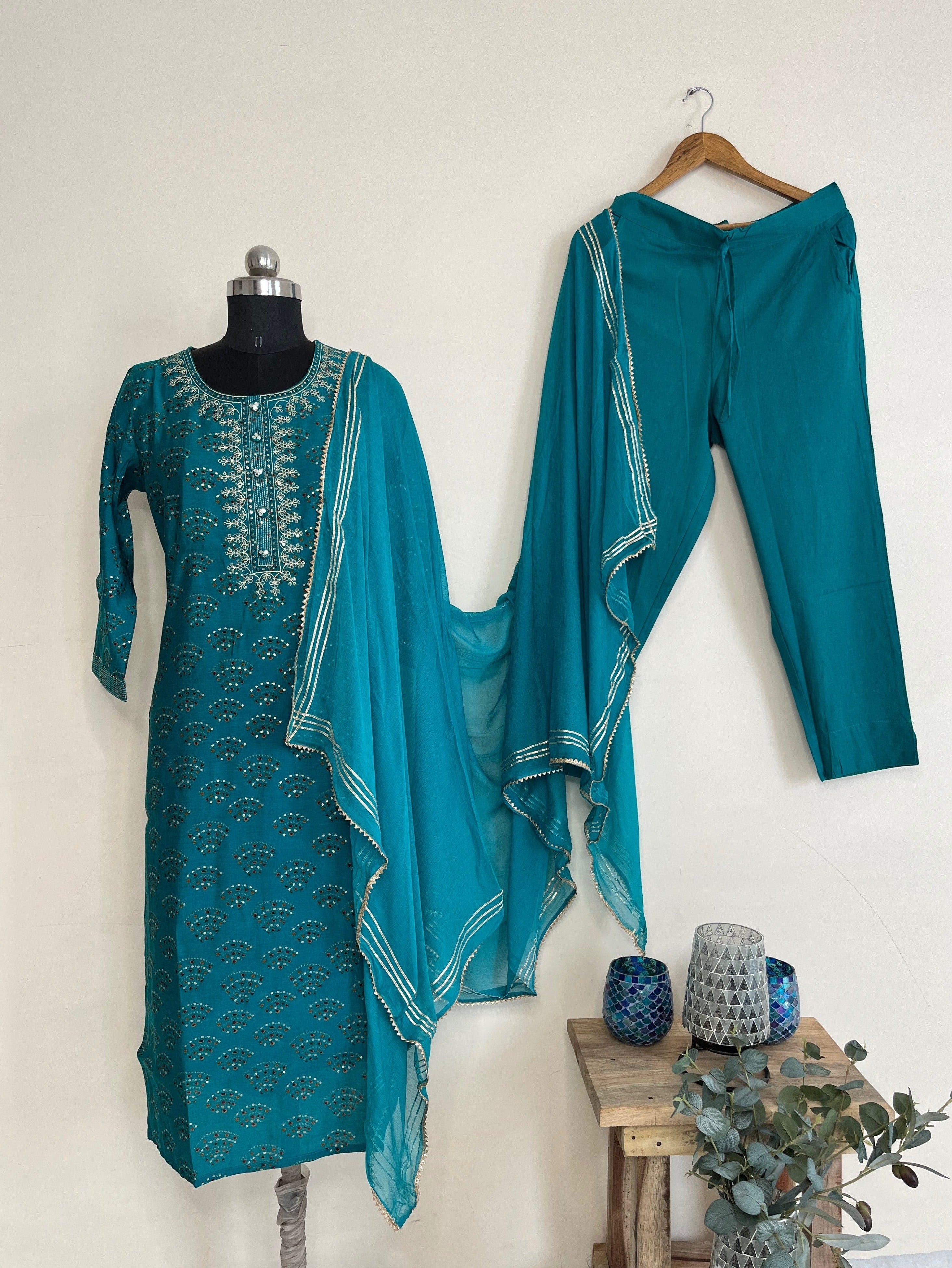 Turquoise Kurta Set With Dupatta by Indian Wear with Ethnic Wear, Indian Wear, Kurta Pant Sets, Kurta Set with Dupattas, Natural, Regular Fit, Turquoise, Womenswear at Kamakhyaa for sustainable fashion