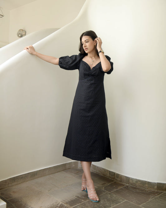 Black Printed Midi Dress by Taro with Black, Duplicate, Evening Wear, Handwoven Cotton, Highend fashion, July Sale, July Sale 2023, Midi Dresses, Natural, Regular Fit, Solids, Wildflower by Taro, Womenswear at Kamakhyaa for sustainable fashion