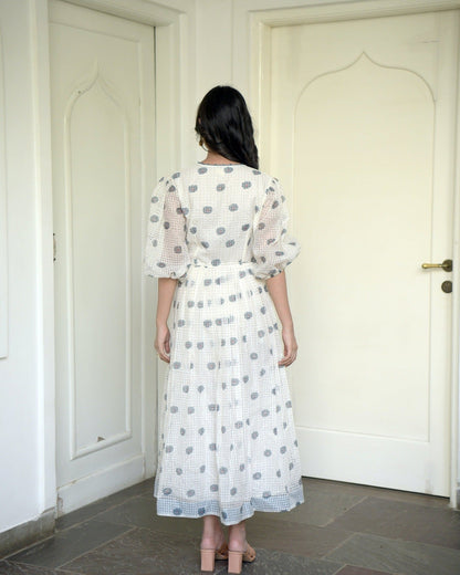 White Printed Cotton Maxi Dress by Taro with Evening Wear, Handwoven cotton, Indo-Western, July Sale, July Sale 2023, Maxi Dresses, Natural, Printed Selfsame, Prints, Regular Fit, White, Wildflower by Taro, Womenswear, Wrap Dresses at Kamakhyaa for sustainable fashion