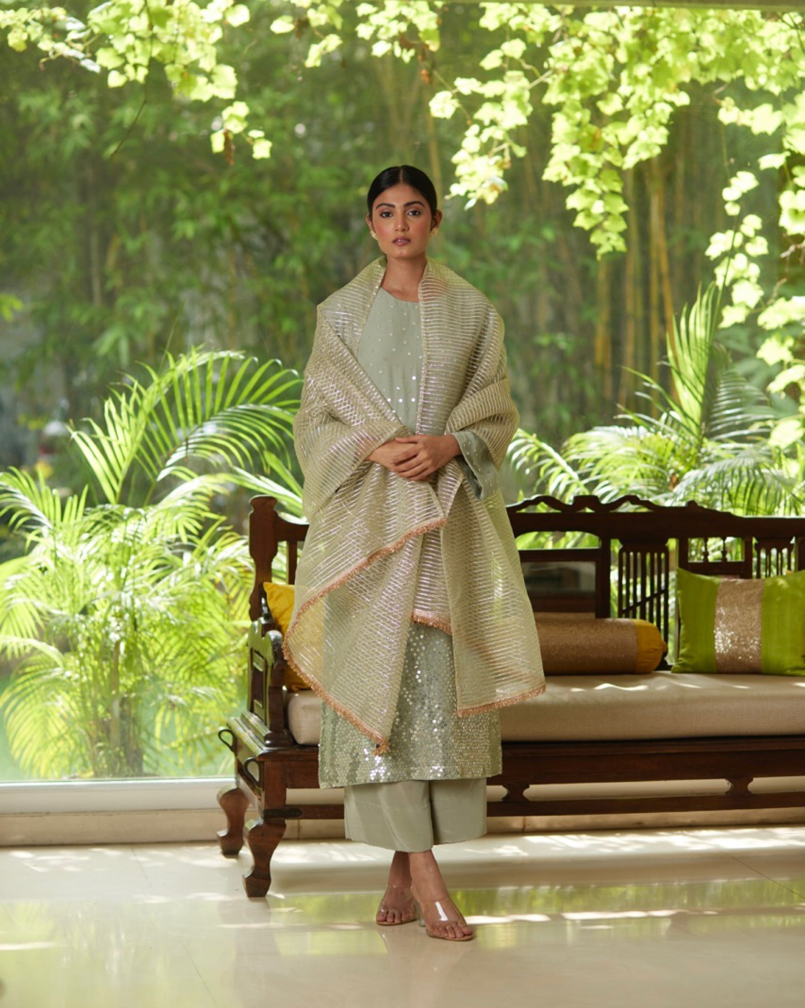 Green Gold Satin Silk Kurta Pant Set by Mayura Kumar with Casual Wear, Festive Wear, Gold, Green, Kurta Pant Sets, Mayura Kumar, Regular Fit, Satin, Silk, Silver, Solids, Timeless Elegance, Womenswear at Kamakhyaa for sustainable fashion