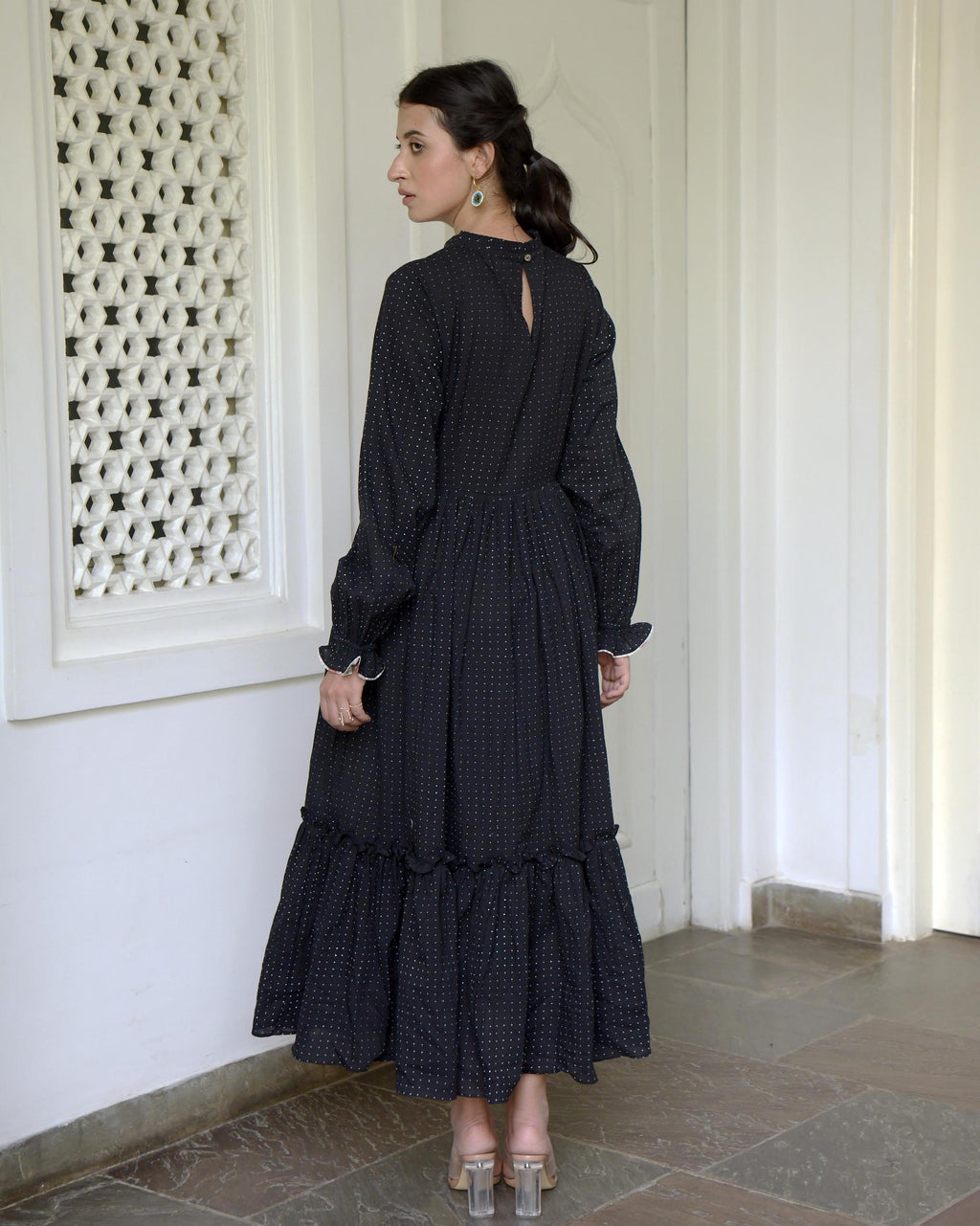 Black Cotton Tiered Maxi Dress by Taro with Best Selling, Black, Duplicate, Evening Wear, FB ADS JUNE, For Anniversary, Handwoven Cotton, July Sale, July Sale 2023, Natural, Prints, Regular Fit, Tiered Dresses, Wildflower by Taro, Womenswear at Kamakhyaa for sustainable fashion