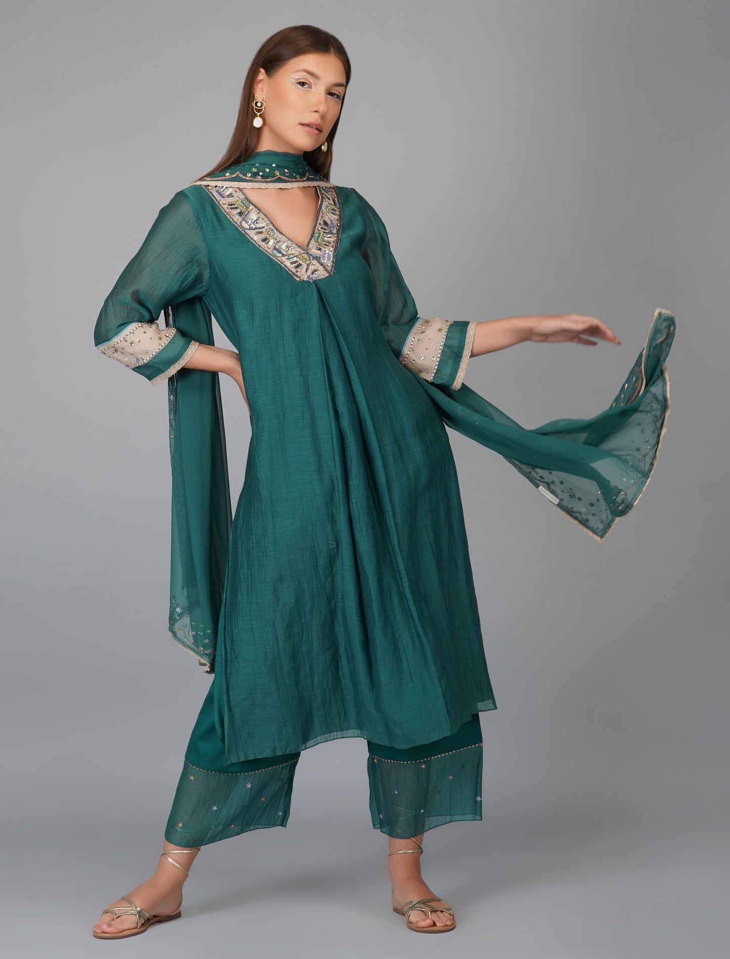 Green Chanderi Hand Appliqued Suit Set by Devyani Mehrotra with Chanderi Silk, Cotton, Embroidered, Festive Wear, Georgette, Green, Kurta Pant Sets, Kurta Set with Dupattas, Natural, Pre Spring 2023, Regular Fit, Solids, Womenswear at Kamakhyaa for sustainable fashion