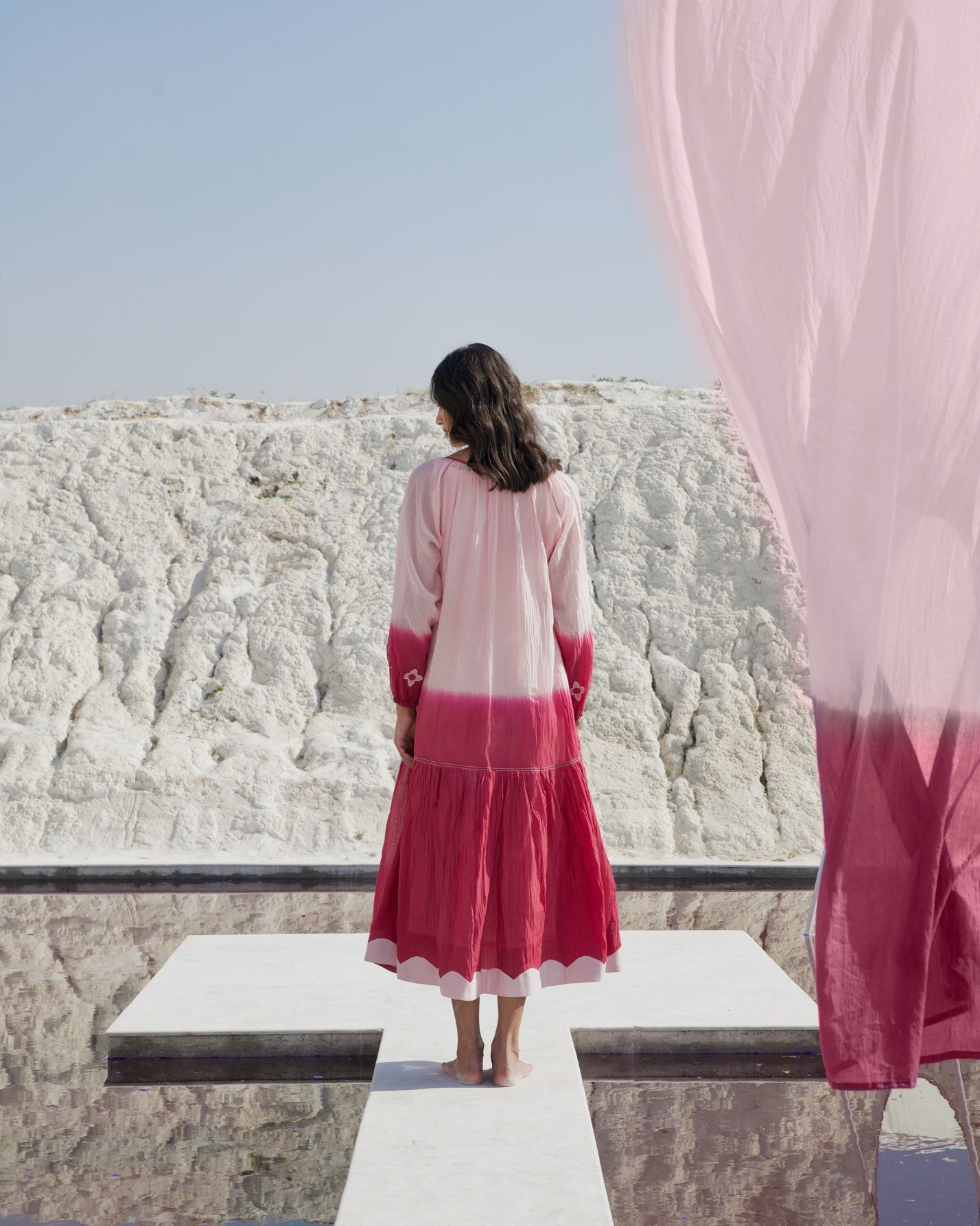 Pink Casual Midi Dress by The Loom Art with Aurora by The Loom Art, Casual Wear, Chanderi Silk, July Sale, July Sale 2023, Midi Dresses, Ombre & Dyes, Organic, Pink, Relaxed Fit, Tiered Dresses, Womenswear at Kamakhyaa for sustainable fashion