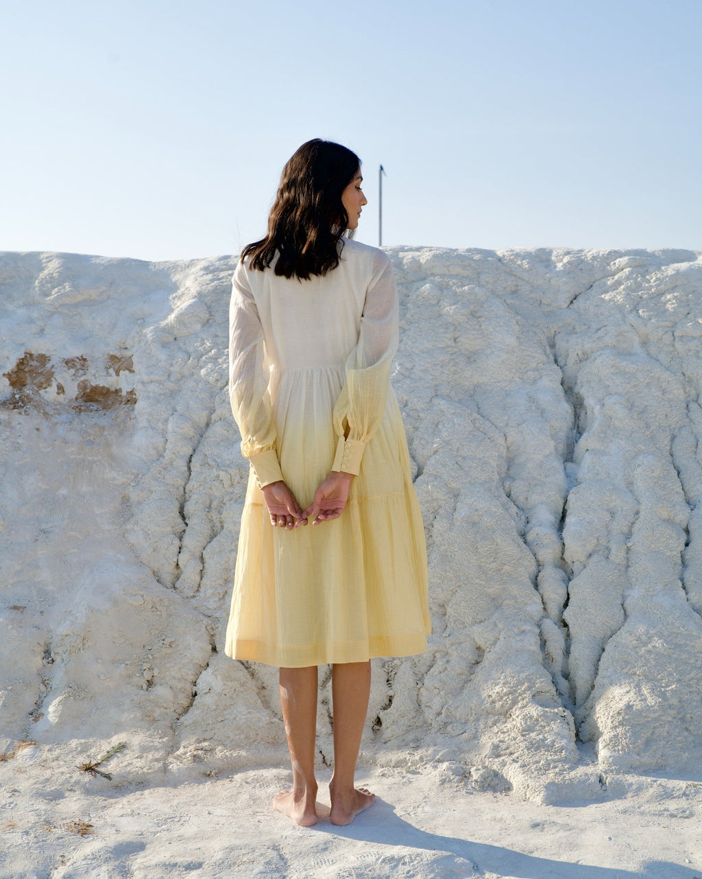 White Silk Midi Dress by The Loom Art with Aurora by The Loom Art, Best Selling, Casual Wear, Chanderi Silk, FB ADS JUNE, July Sale, July Sale 2023, Kurtas, Midi Dresses, Ombre & Dyes, Organic, Regular Fit, Tiered Dresses, White, Womenswear at Kamakhyaa for sustainable fashion