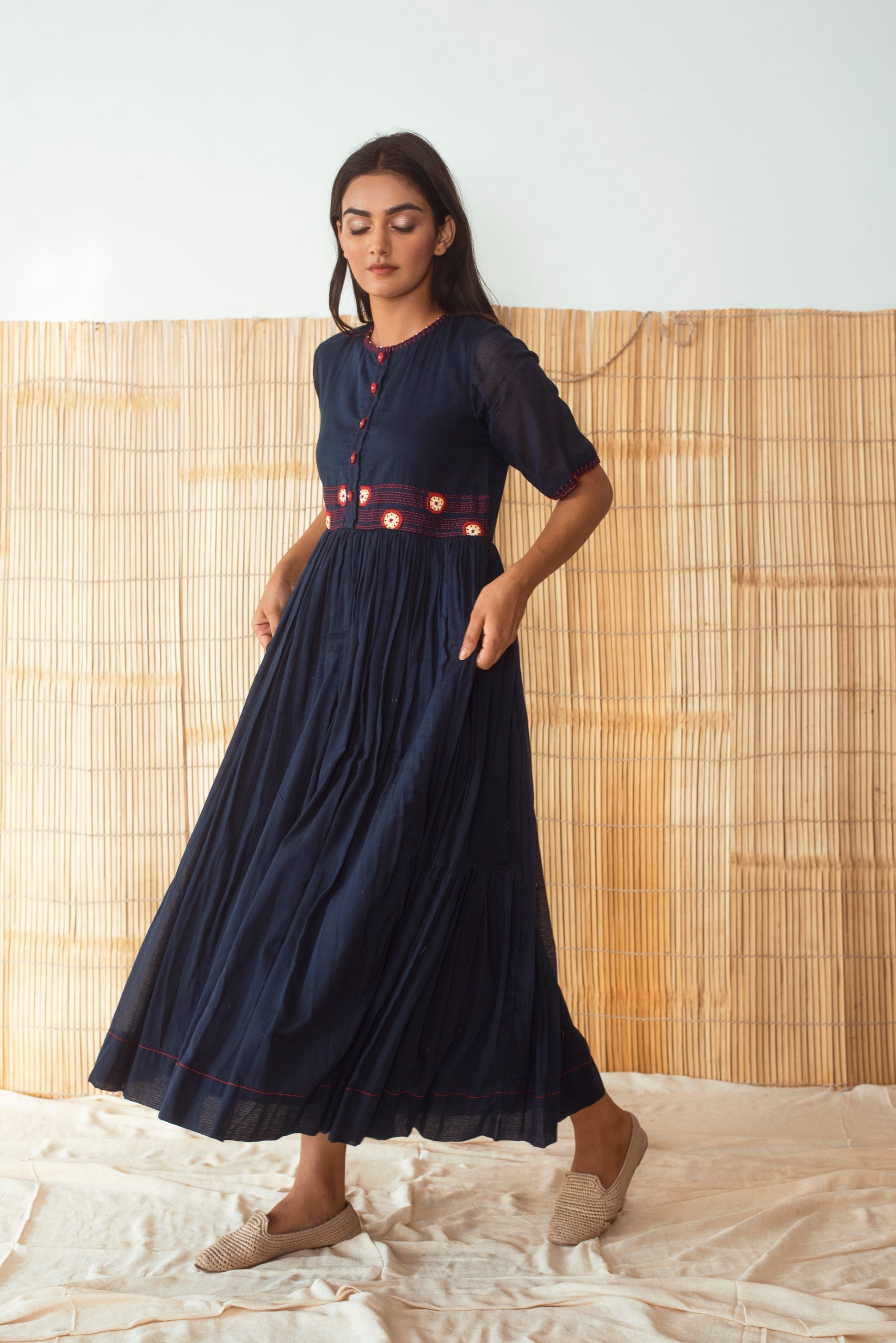 Blue Embroidered Maxi Dress by The Loom Art with Blue, Capsule by The Loom Art, Cotton Kota Slub, For Daughter, July Sale, July Sale 2023, Maxi Dresses, Midi Dresses, Natural, Party Wear, Regular Fit, Solid Selfmade, Solids, Womenswear at Kamakhyaa for sustainable fashion