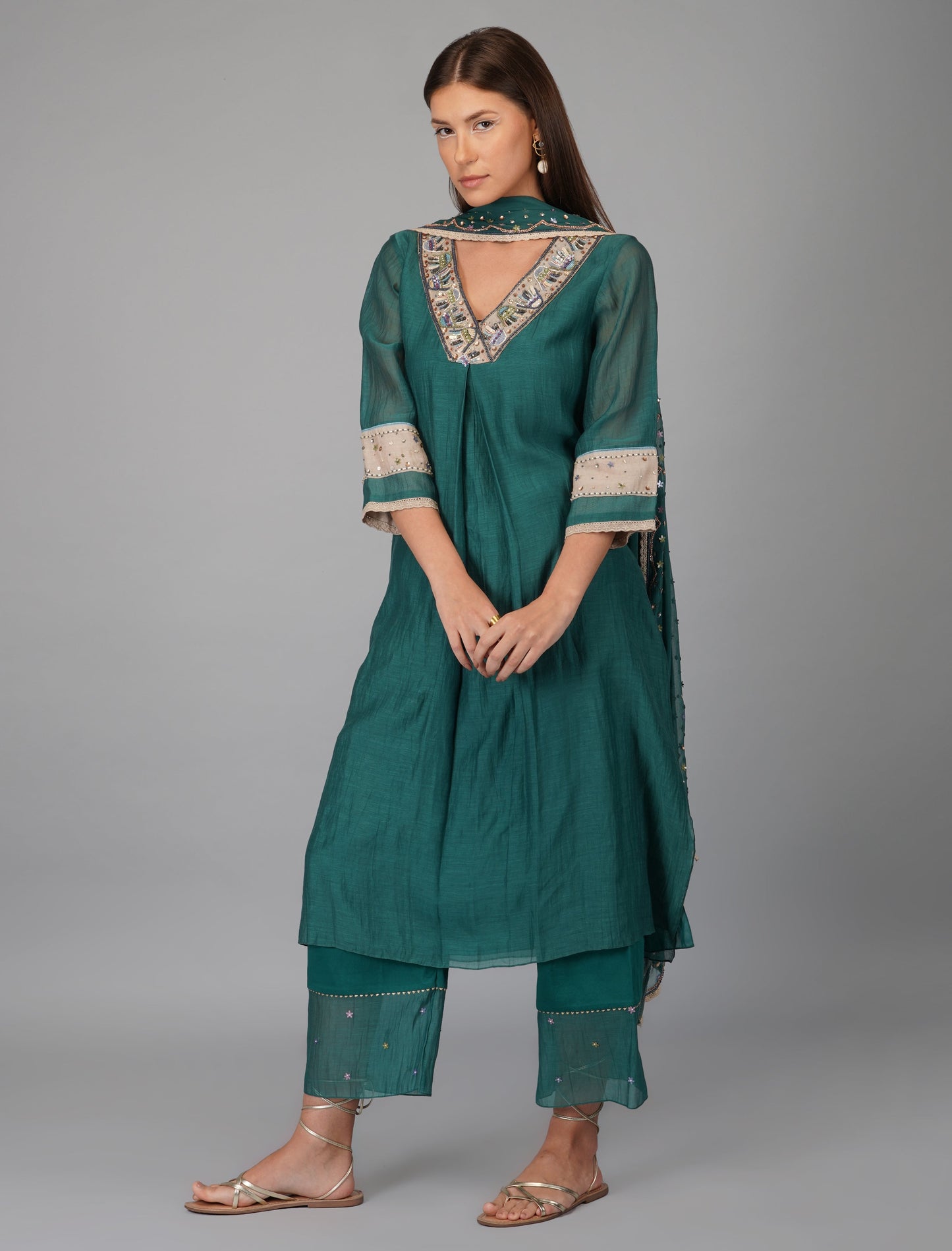 Green Chanderi Hand Appliqued Suit Set by Devyani Mehrotra with Chanderi Silk, Cotton, Embroidered, Festive Wear, Georgette, Green, Kurta Pant Sets, Kurta Set with Dupattas, Natural, Pre Spring 2023, Regular Fit, Solids, Womenswear at Kamakhyaa for sustainable fashion