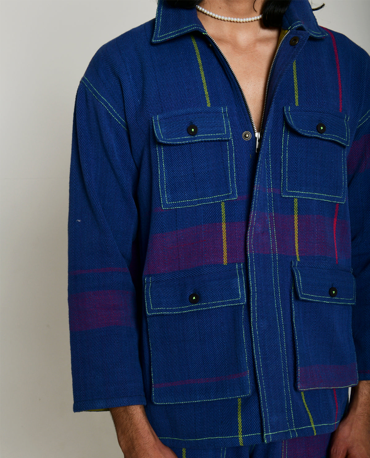 Handwoven Blue Multi Colored Cotton Shirt Jacket by Rias Jaipur with 100% Cotton, Blue, Casual wear, Multicolor, Natural, Overlays, RE 2.O, RE 2.O by Rias Jaipur, Relaxed, Stripes, Unisex, Womenswear at Kamakhyaa for sustainable fashion