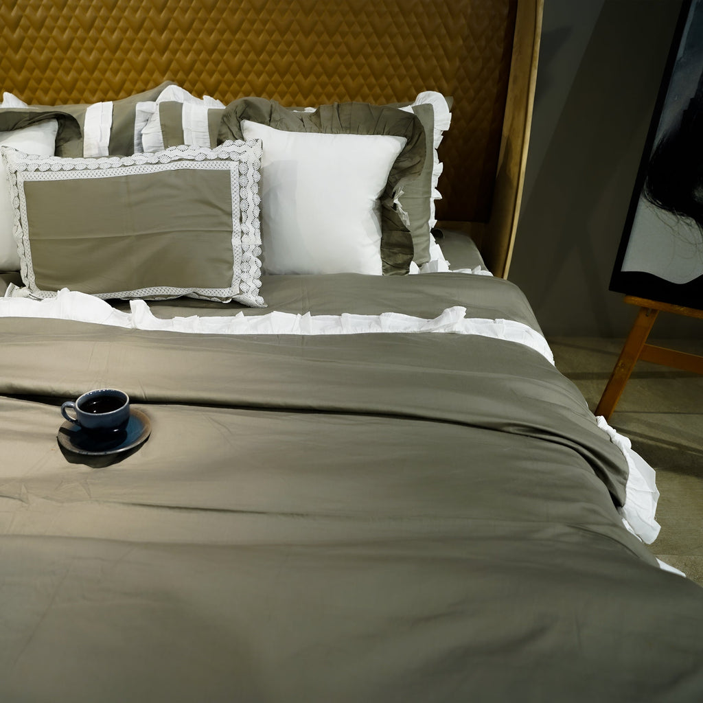 Frill Elegance Duvet Cover by Aetherea with 100% Cotton, 300 TC, 500 TC, Duvet Covers, Frills, Home, Plain, Sage Green, Solid, White at Kamakhyaa for sustainable fashion