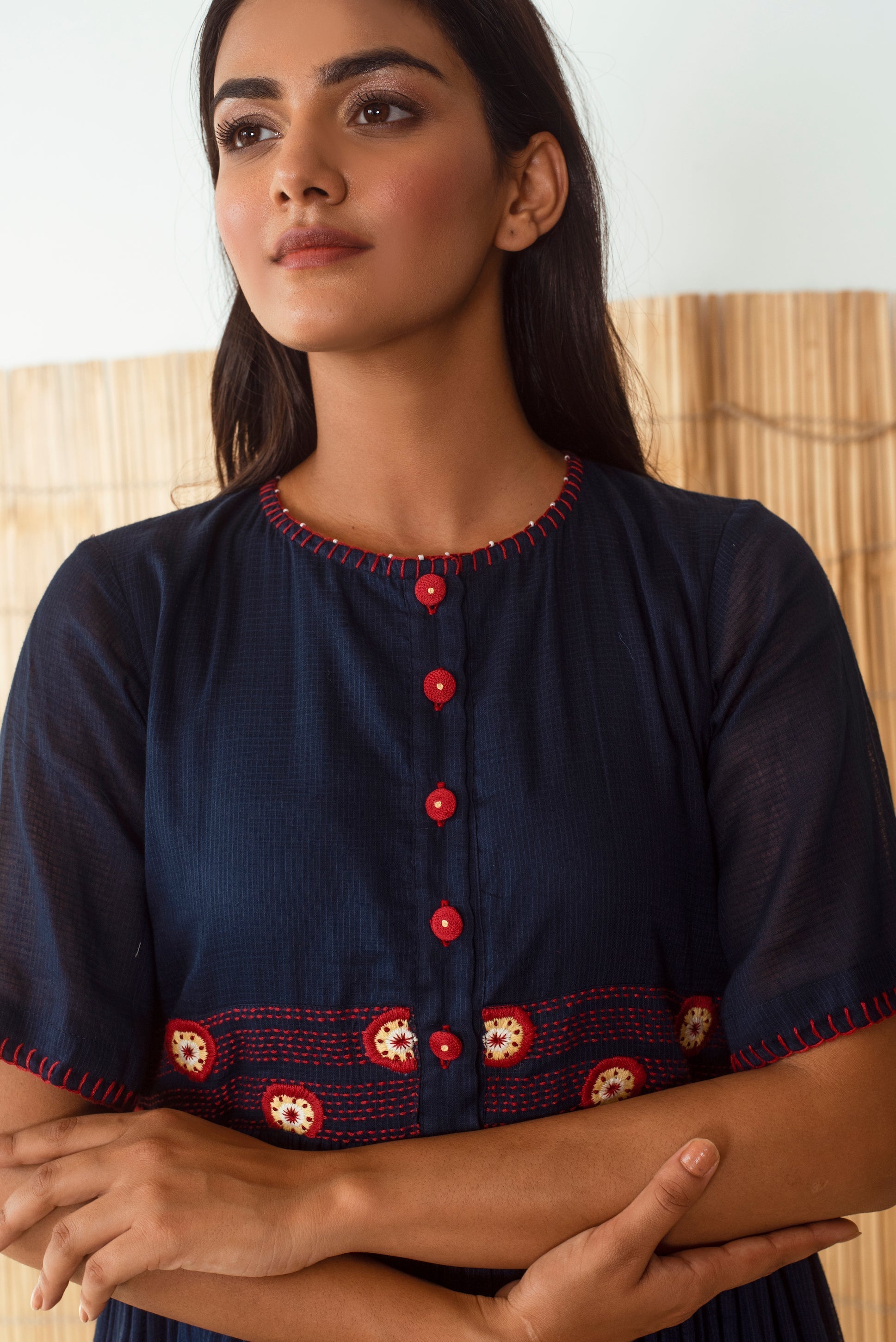 Blue Embroidered Maxi Dress by The Loom Art with Blue, Capsule by The Loom Art, Cotton Kota Slub, For Daughter, July Sale, July Sale 2023, Maxi Dresses, Midi Dresses, Natural, Party Wear, Regular Fit, Solid Selfmade, Solids, Womenswear at Kamakhyaa for sustainable fashion