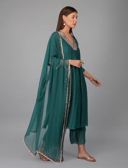 Green Chanderi Hand Appliqued Suit Set by Devyani Mehrotra with Chanderi Silk, Cotton, Embroidered, Festive Wear, Georgette, Green, Kurta Pant Sets, Kurta Set with Dupattas, Natural, Pre Spring 2023, Regular Fit, Solids, Womenswear at Kamakhyaa for sustainable fashion