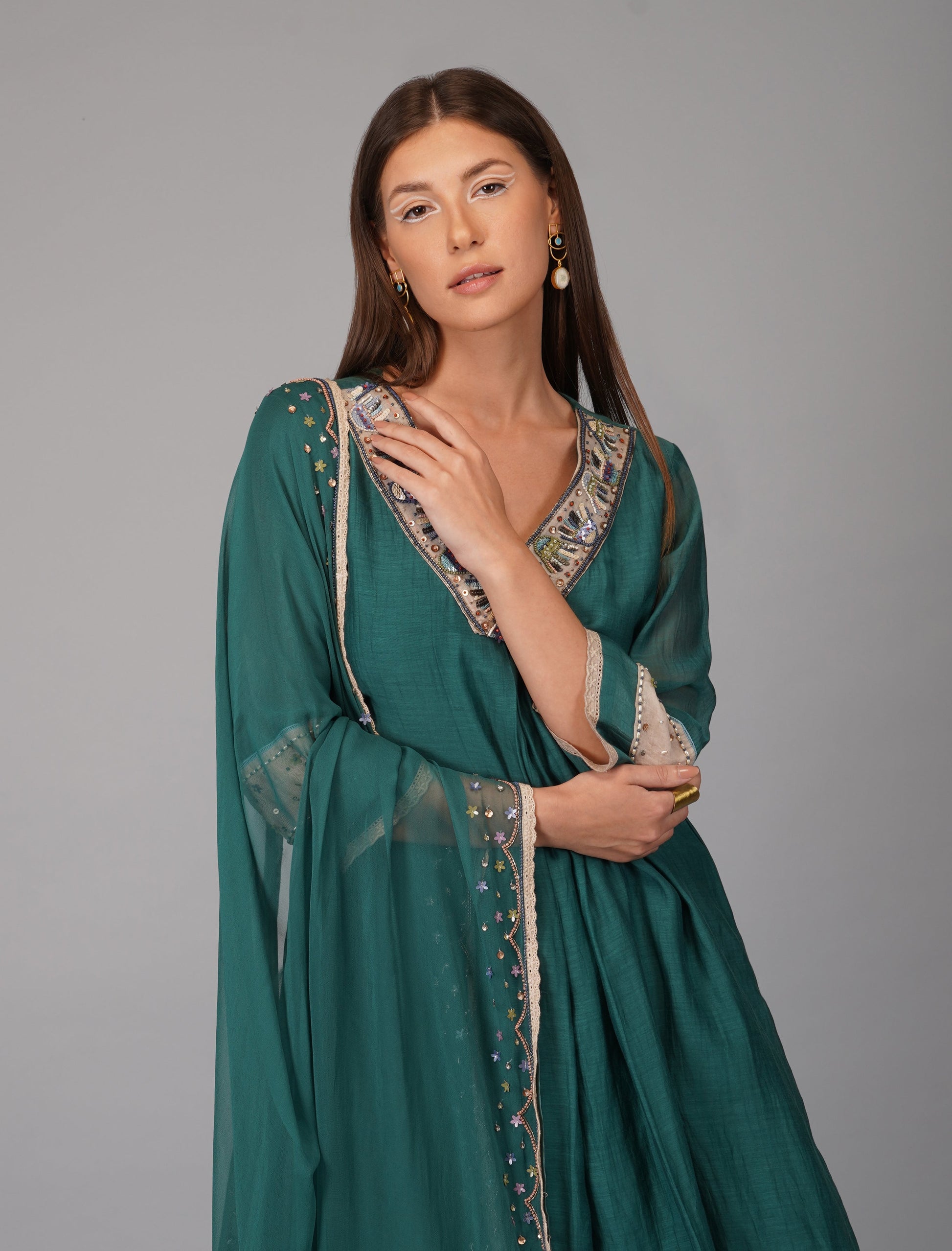 Green Chanderi Hand Appliqued Suit Set by Devyani Mehrotra with Chanderi Silk, Cotton, Embroidered, Festive Wear, Georgette, Green, Kurta Pant Sets, Kurta Set with Dupattas, Natural, Pre Spring 2023, Regular Fit, Solids, Womenswear at Kamakhyaa for sustainable fashion