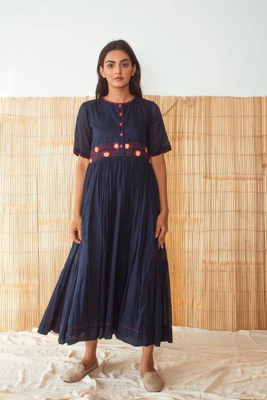 Blue Embroidered Maxi Dress by The Loom Art with Blue, Capsule by The Loom Art, Cotton Kota Slub, For Daughter, July Sale, July Sale 2023, Maxi Dresses, Midi Dresses, Natural, Party Wear, Regular Fit, Solid Selfmade, Solids, Womenswear at Kamakhyaa for sustainable fashion
