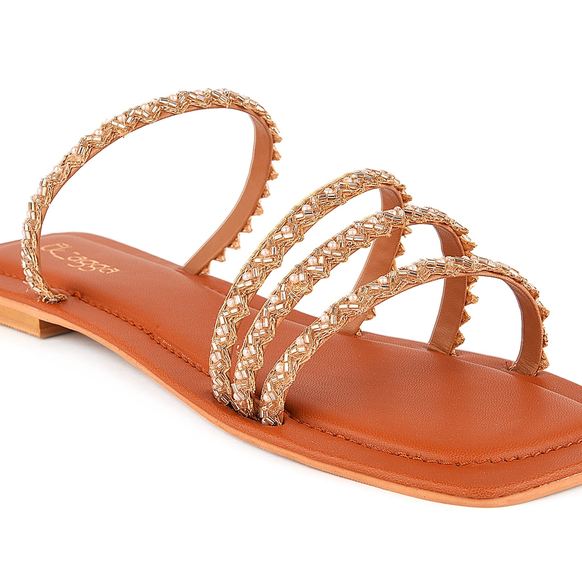 Brown Embroidered Strappy Flats by EK_agga with Brown, Embroidered, Flats, Less than $50, Party Wear, Patent leather, Square toe, Vegan at Kamakhyaa for sustainable fashion