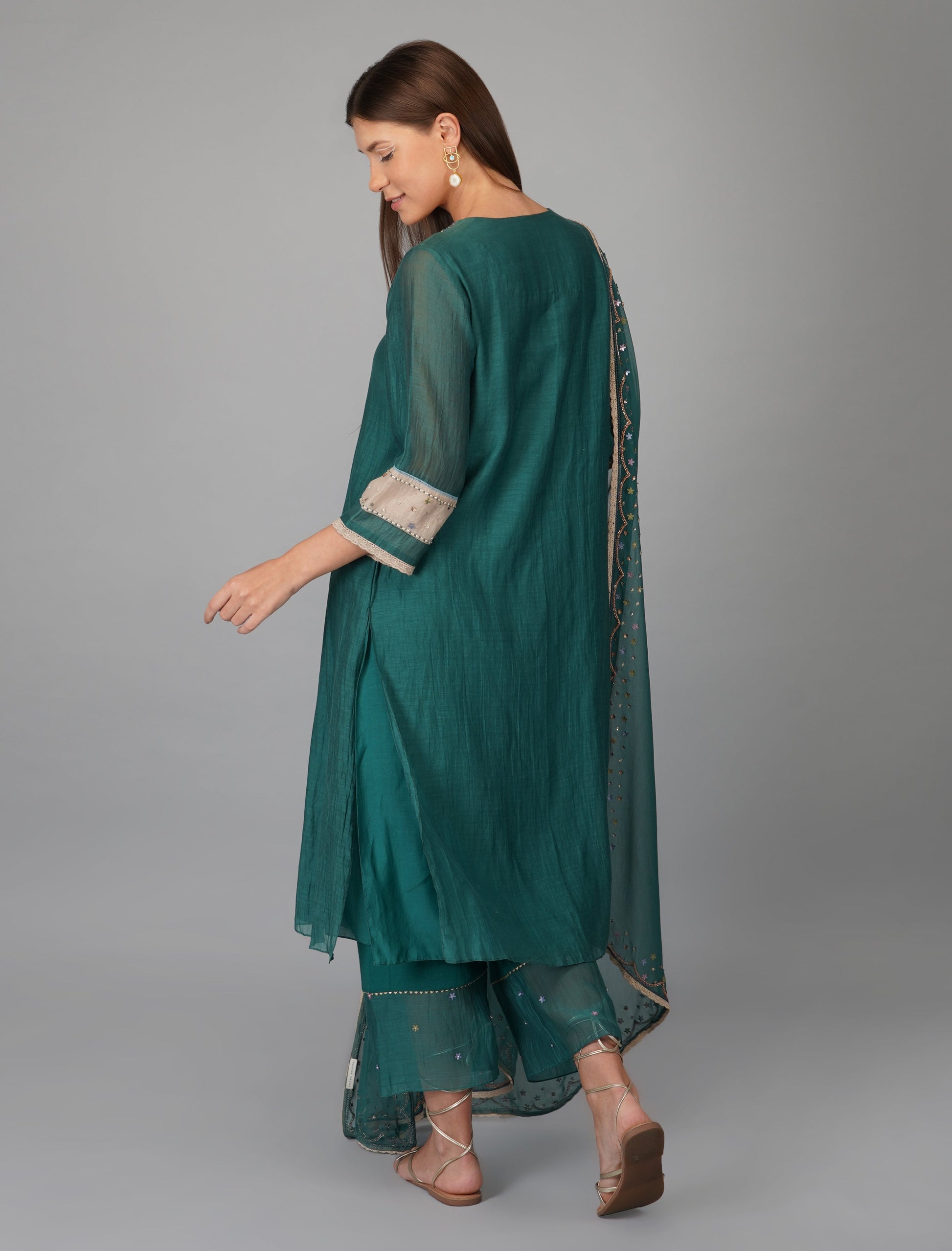 Green Chanderi Hand Appliqued Suit Set by Devyani Mehrotra with Chanderi Silk, Cotton, Embroidered, Festive Wear, Georgette, Green, Kurta Pant Sets, Kurta Set with Dupattas, Natural, Pre Spring 2023, Regular Fit, Solids, Womenswear at Kamakhyaa for sustainable fashion