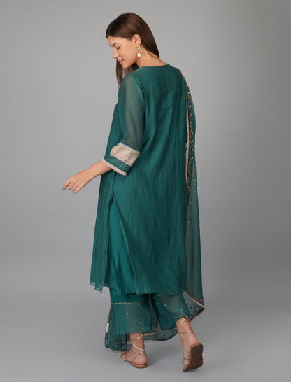 Green Chanderi Hand Appliqued Suit Set by Devyani Mehrotra with Chanderi Silk, Cotton, Embroidered, Festive Wear, Georgette, Green, Kurta Pant Sets, Kurta Set with Dupattas, Natural, Pre Spring 2023, Regular Fit, Solids, Womenswear at Kamakhyaa for sustainable fashion