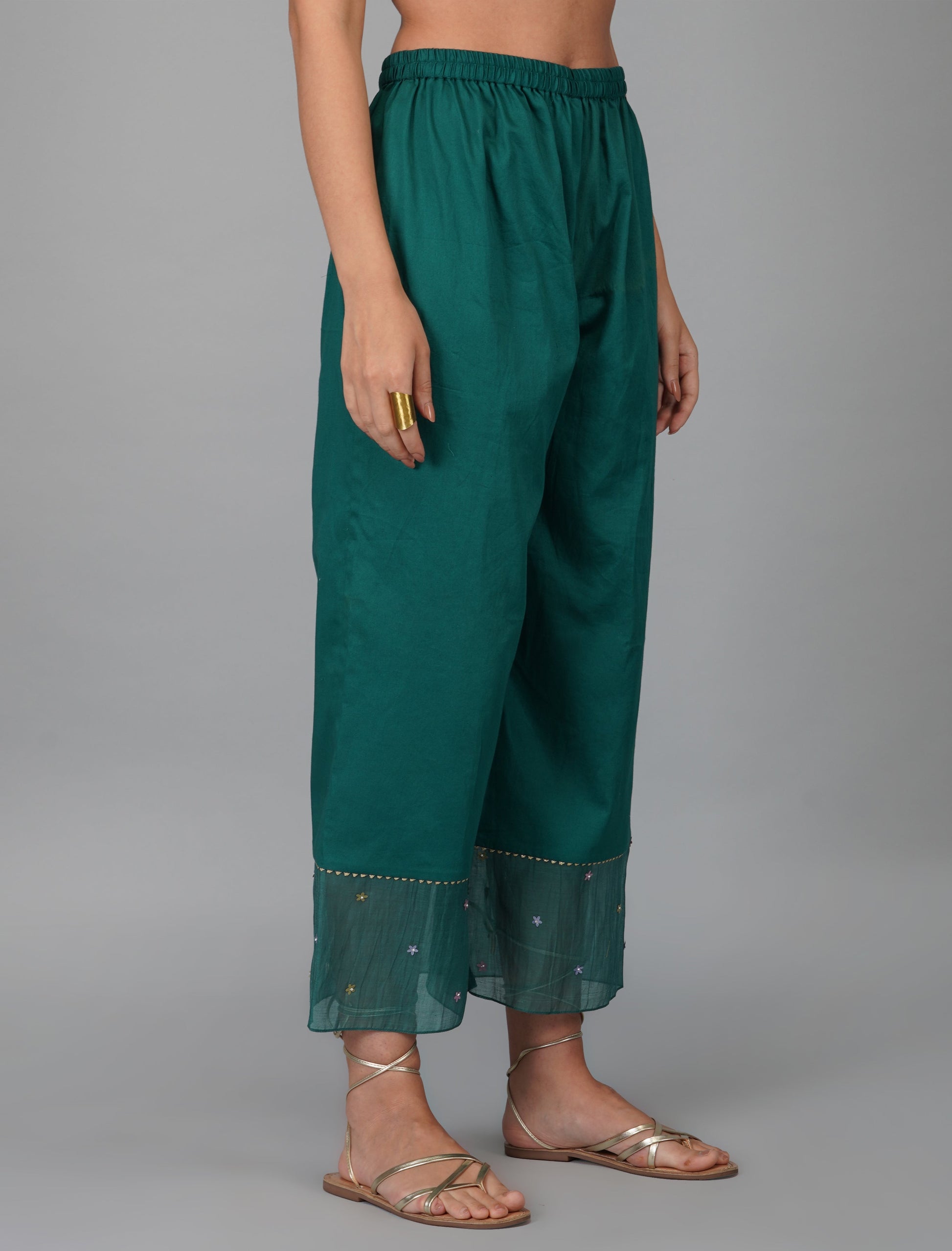 Green Chanderi Hand Appliqued Suit Set by Devyani Mehrotra with Chanderi Silk, Cotton, Embroidered, Festive Wear, Georgette, Green, Kurta Pant Sets, Kurta Set with Dupattas, Natural, Pre Spring 2023, Regular Fit, Solids, Womenswear at Kamakhyaa for sustainable fashion
