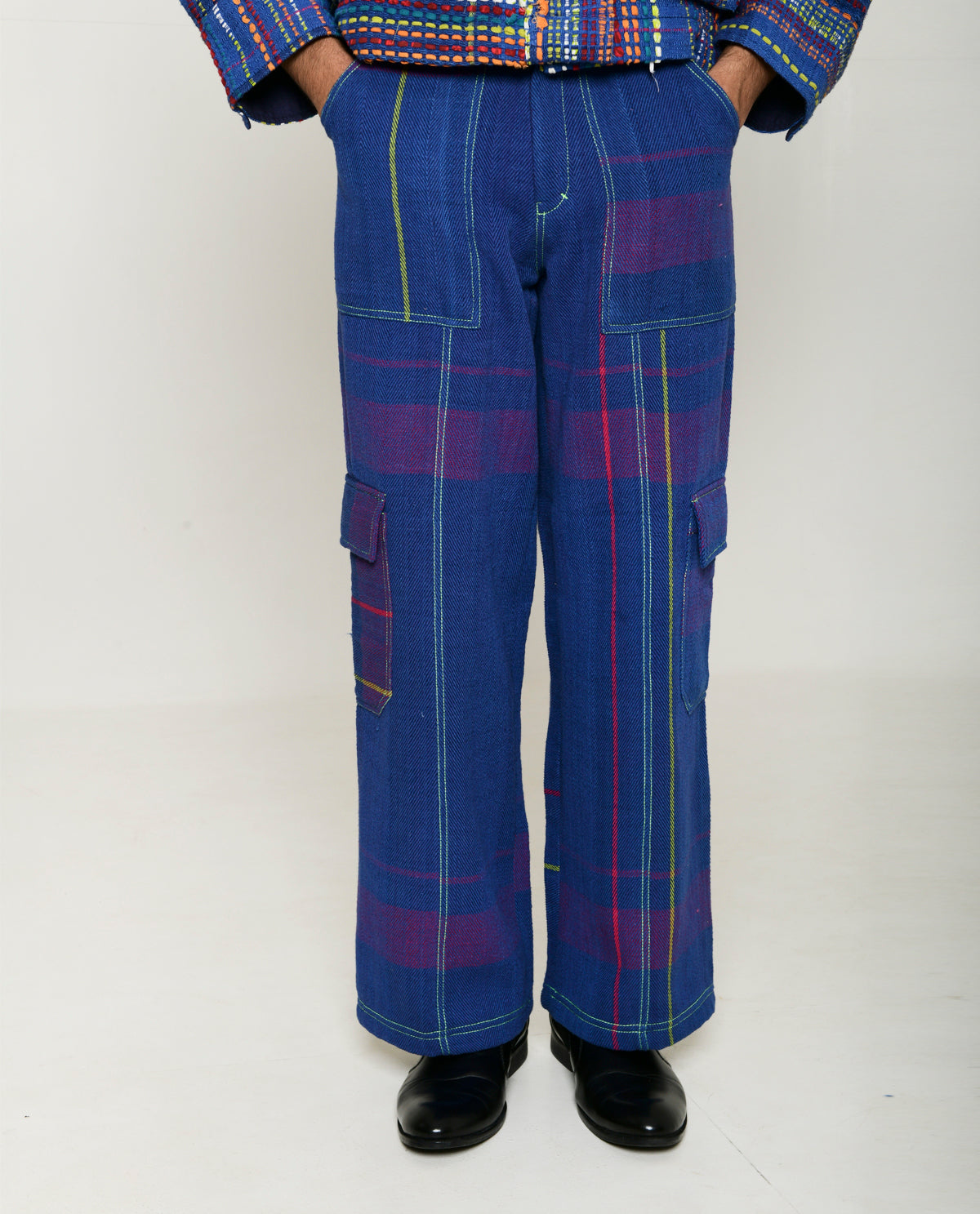 Recycled Blue Multi Colored Cargo Pants by Rias Jaipur with 100% Cotton, Blue, Bottoms, Casual wear, Multicolor, Natural, Pants, RE 2.O, RE 2.O by Rias Jaipur, Regular, Stripes, Unisex, Womenswear at Kamakhyaa for sustainable fashion