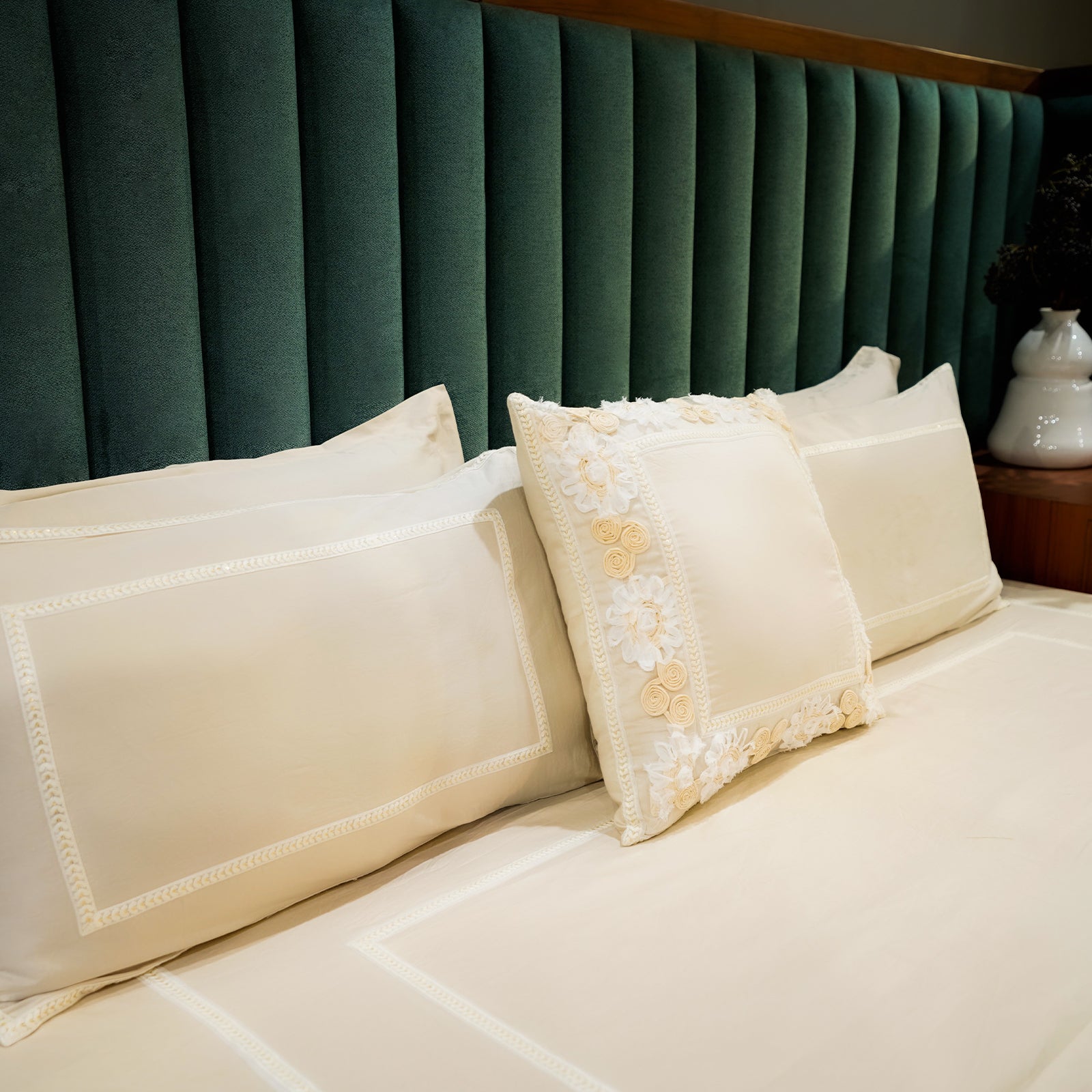 Champagne Charm Trimmed Bliss by Aetherea with 100% Cotton, 300 TC, 500 TC, Beige, Cushion, Designer Bedsheets, King, Lace, Queen, Solid at Kamakhyaa for sustainable fashion