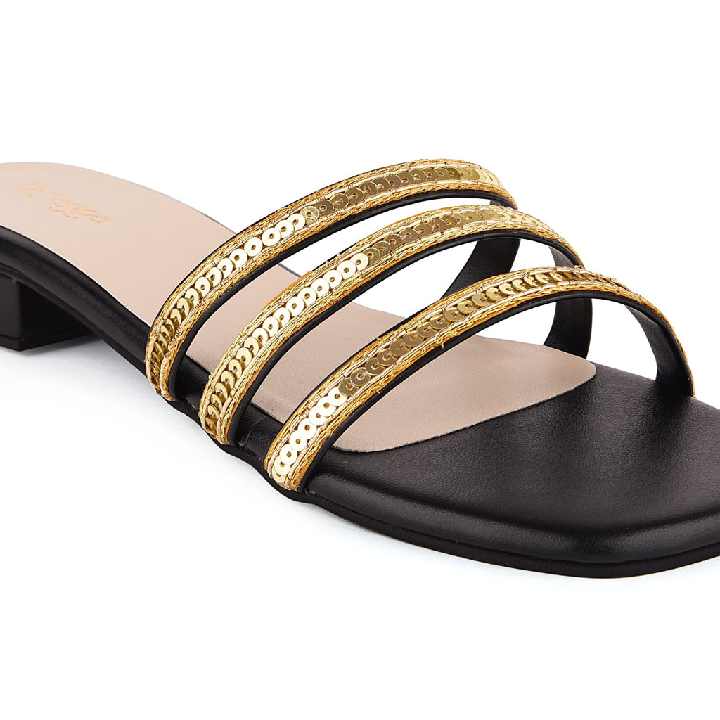 Black Embroidered Embellished Flats by EK_agga with Black, Embroidered, Flats, For Daughter, Less than $50, Party Wear, Patent leather, Square toe, Vegan at Kamakhyaa for sustainable fashion