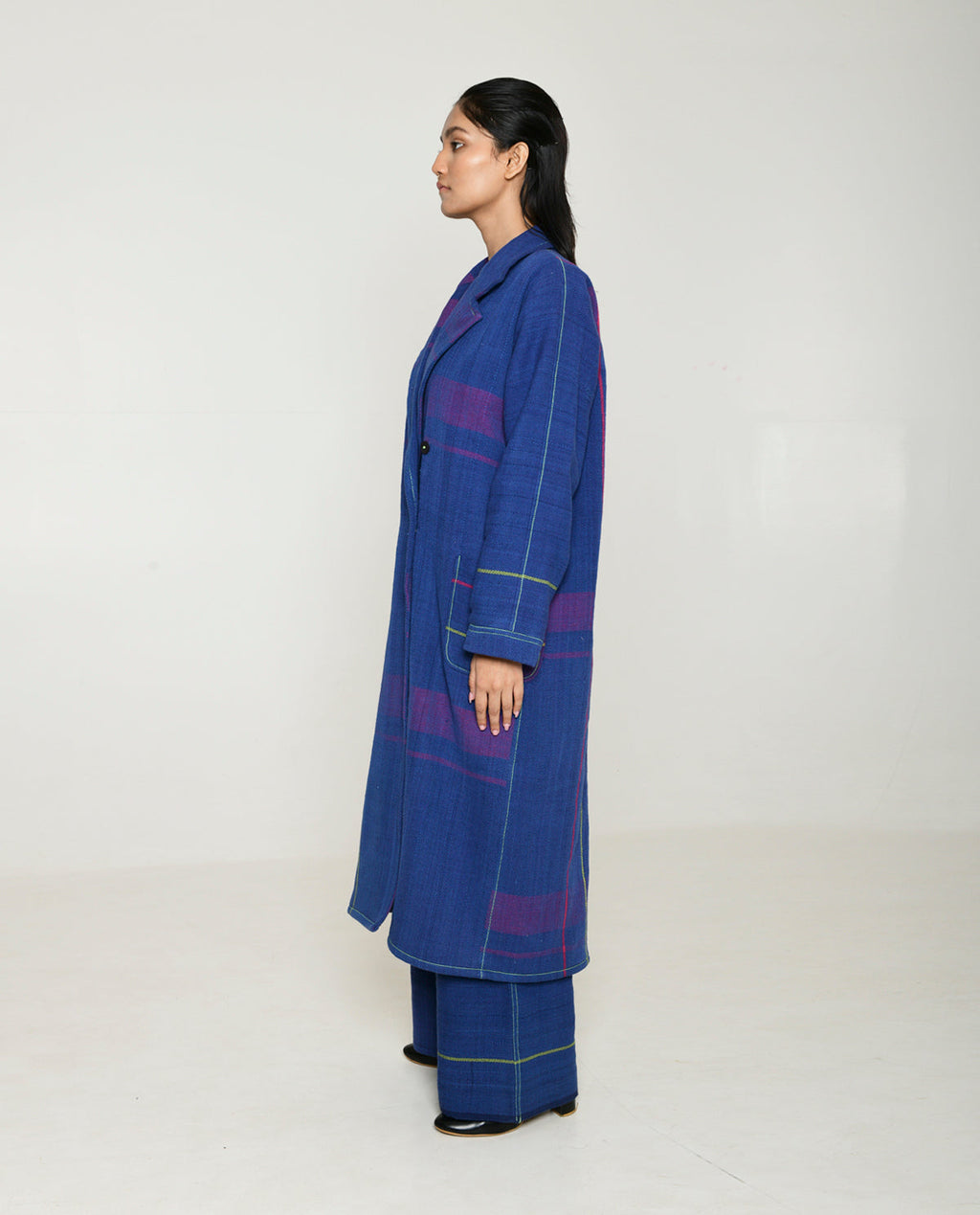 Handwoven Blue Striped Cotton Trench Coat by Rias Jaipur with 100% Cotton, Blue, Casual wear, Multicolor, Natural, Overlays, RE 2.O, RE 2.O by Rias Jaipur, Regular, Stripes, Unisex, Womenswear at Kamakhyaa for sustainable fashion