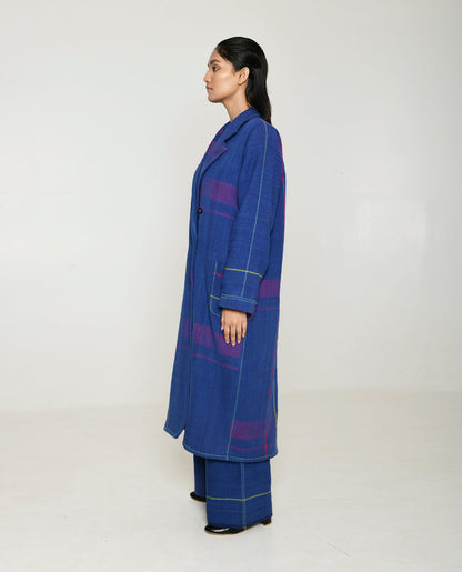 Handwoven Blue Striped Cotton Trench Coat by Rias Jaipur with 100% Cotton, Blue, Casual wear, Multicolor, Natural, Overlays, RE 2.O, RE 2.O by Rias Jaipur, Regular, Stripes, Unisex, Womenswear at Kamakhyaa for sustainable fashion