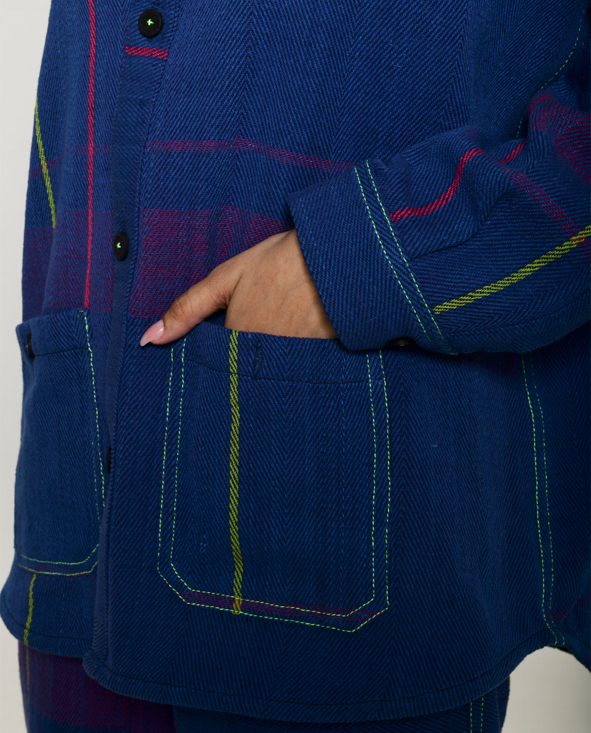 Recycled Blue Striped Shacket With pockets by Rias Jaipur with 100% Cotton, Blue, Casual wear, Multicolor, Natural, Overlays, RE 2.O, RE 2.O by Rias Jaipur, Relaxed, Stripes, Tops, Unisex, Womenswear at Kamakhyaa for sustainable fashion